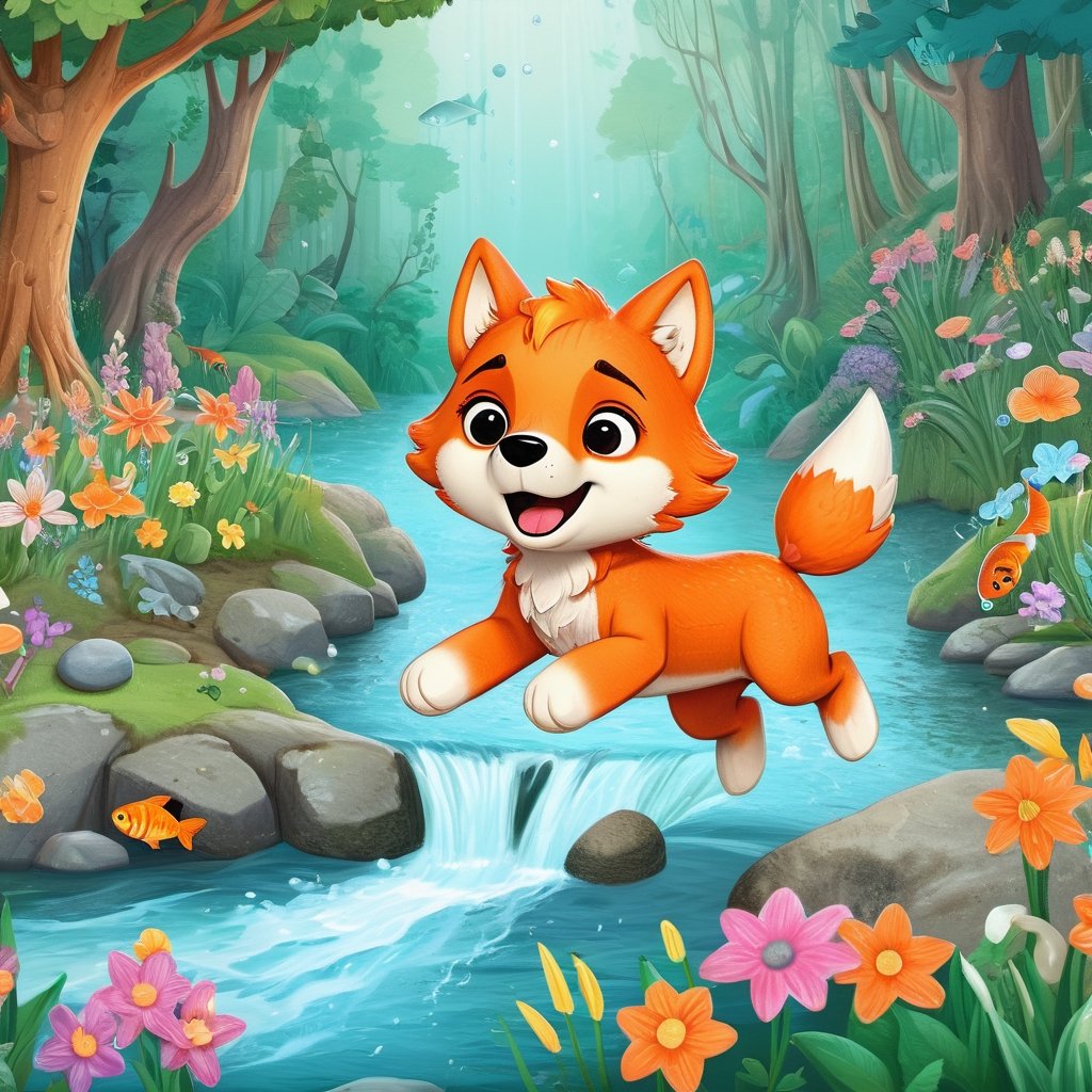 (best quality, 8K, high resolution, masterpiece), extremely detailed, (an adorable orange wolf character with a brown tail) playing with a fish underwater, smiley face The scene is fresh, on the banks of a stream, in a forest filled with flowers and trees, with vibrant colors and playful details that bring the characters to life in a unique and captivating way. Illustrating children's comics and children's books