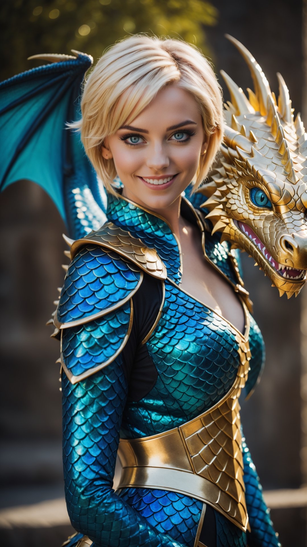 beautiful young woman with short blonde hair and blue eyes, smile, 
  
women with dragon cosplay costiume, colorfull scales, gold and blue, long full body shot, 

DSLR Photography, shot with a 50mm lens at f/2.1, blurred, blurry background, cinematic film still, cinematic photo , bokeh, professional, 4k, highly detailed . shallow depth of field, vignette, highly detailed, high budget Hollywood movie, bokeh, cinemascope, moody, epic, gorgeous, film grain, grainy . Textured, distressed, vintage, edgy,Movie Still,Extremely Realistic,more detail XL, oriental dragon