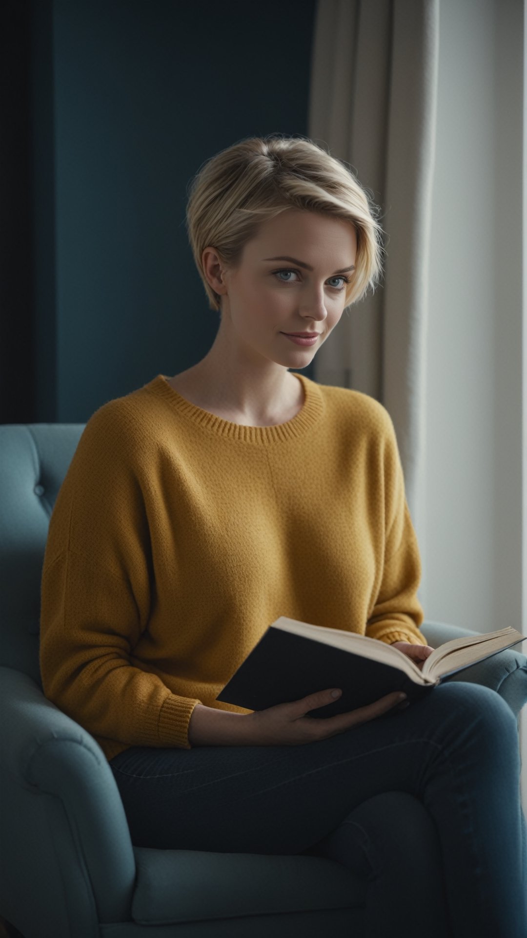 beautiful young woman with short blonde hair and blue eyes, 
  
relaxes by reading a big interesting book while sitting in a deep armchair, soft light, wearing a warm dark yellow sweater,  a delicate flirtatious smile, 

 in small women's bedroom with blue walls,  shot of a full figure,

DSLR Photography, shot with a 50mm lens at f/2.1, blurred, blurry background, cinematic film still, cinematic photo , bokeh, professional, 4k, highly detailed . shallow depth of field, vignette, highly detailed, high budget Hollywood movie, bokeh, cinemascope, moody, epic, gorgeous, film grain, grainy . Textured, distressed, vintage, edgy,Movie Still,Extremely Realistic