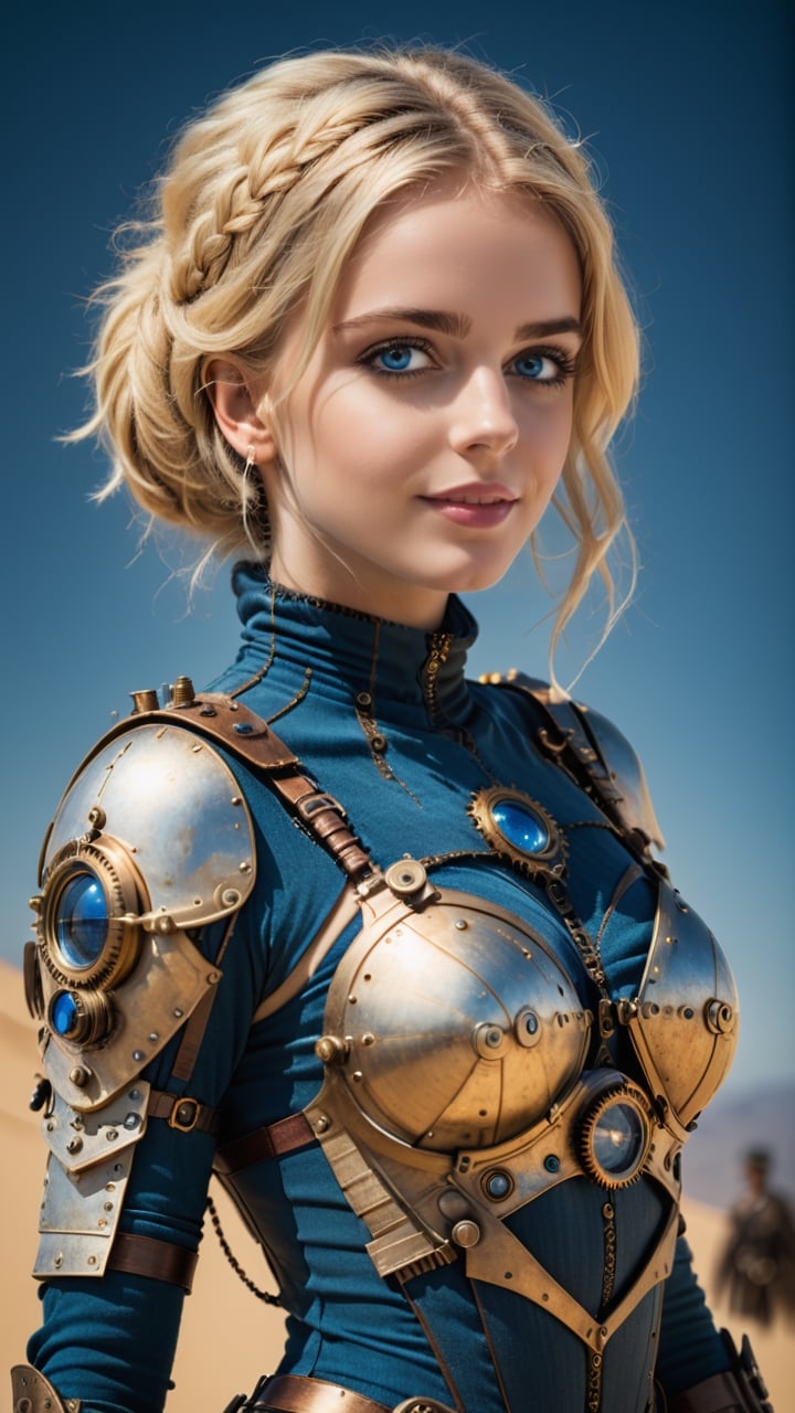 (best quality, masterpiece, ultra detailed, 8K, RAW photo),

A beautiful young woman with medium short blonde hair and intense blue eyes, ((talking to other people standing with their backs to the observer)) , eyes completely fully blue,transparent lace mask, delicate smile,
planet Arrakis, steampunk, sand, desert on the planet's dune, Fremen suit, all body parts covered, outfit looks like a loose Bedouin suit with a hood, Fremen area,
DSLR Photography, shot with a 50mm lens at f/2.1, blurred, blurry background, cinematic film still, cinematic photo , bokeh, professional, 4k, highly detailed . shallow depth of field, vignette, highly detailed, high budget Hollywood movie, bokeh, cinemascope, moody, epic, gorgeous, film grain, grainy . Textured, distressed, vintage, edgy,Movie Still,Extremely Realistic,steampunk style,more detail XL,mercy graves,steampunk