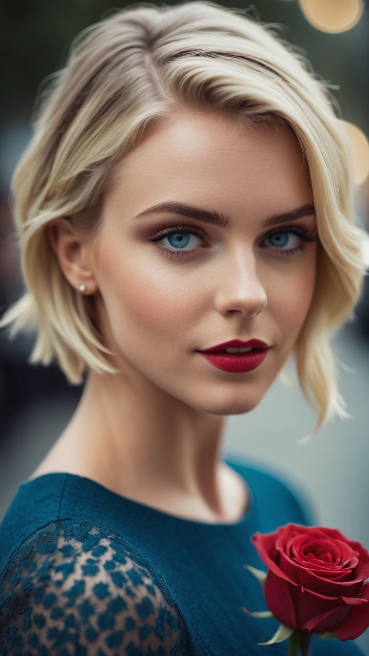 beautiful Zanna Friskie with short blonde hair and blue eyes,
  
shee giving flowers, roses, flirting,

DSLR Photography, shot with a 50mm lens at f/2.1, blurred, blurry background, cinematic film still, cinematic photo , bokeh, professional, 4k, highly detailed . shallow depth of field, vignette, highly detailed, high budget Hollywood movie, bokeh, cinemascope, moody, epic, gorgeous, film grain, grainy . Textured, distressed, vintage, edgy,Movie Still,Extremely Realistic