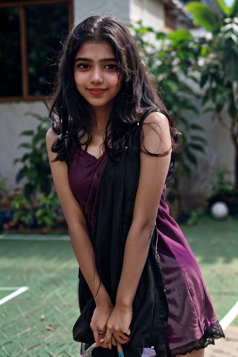 photography, 1girl, mallu 18yo' heart-shaped pupils, fingernails, black hair, , purple eyes, (blush:1.1) upper body, trembling, sweat, , heart, (medium breasts:0.6), love, heart, happy, smile, lace, bokeh, (freckles:0.8), natural skin texture,18 year old girl,1 girl,Extremely Realistic,20 year old girl,Mallu girl,full_body ,playing_badminton, badminton court


