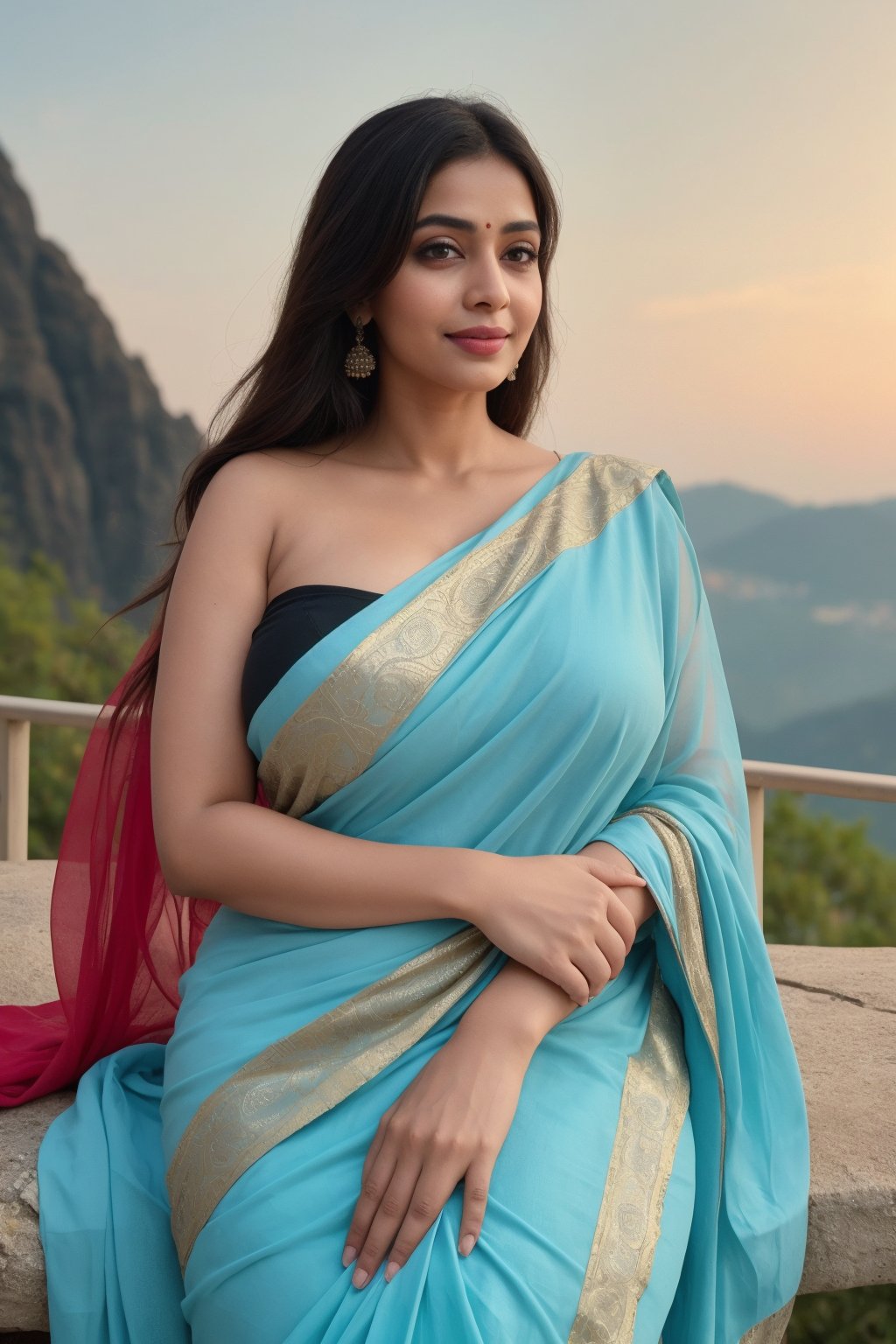 (masterpiece, best quality, ultra-detailed, 8K),high detail, realisitc detailed, a beautiful mature indian women slight curvy full body with long flowy black hair over shoulders in the dark, wearing saree, blue eyes, pale soft skin, kind smile, glossy lips, a serene and contemplative mood, setting on the top of the mountain, ,red lips,hd makeup,Indian, wide angle,Saree, full_body