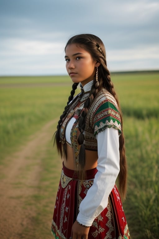 a 16 years old Sioux girl, with tradicional costume , in the praire