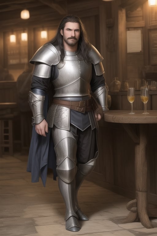 a 35-year-old knight, full body, in worn armor, without inscriptions, with long dark hair, large mustaches, no beard, hooked nose, frowning expression, drinking in a tavern