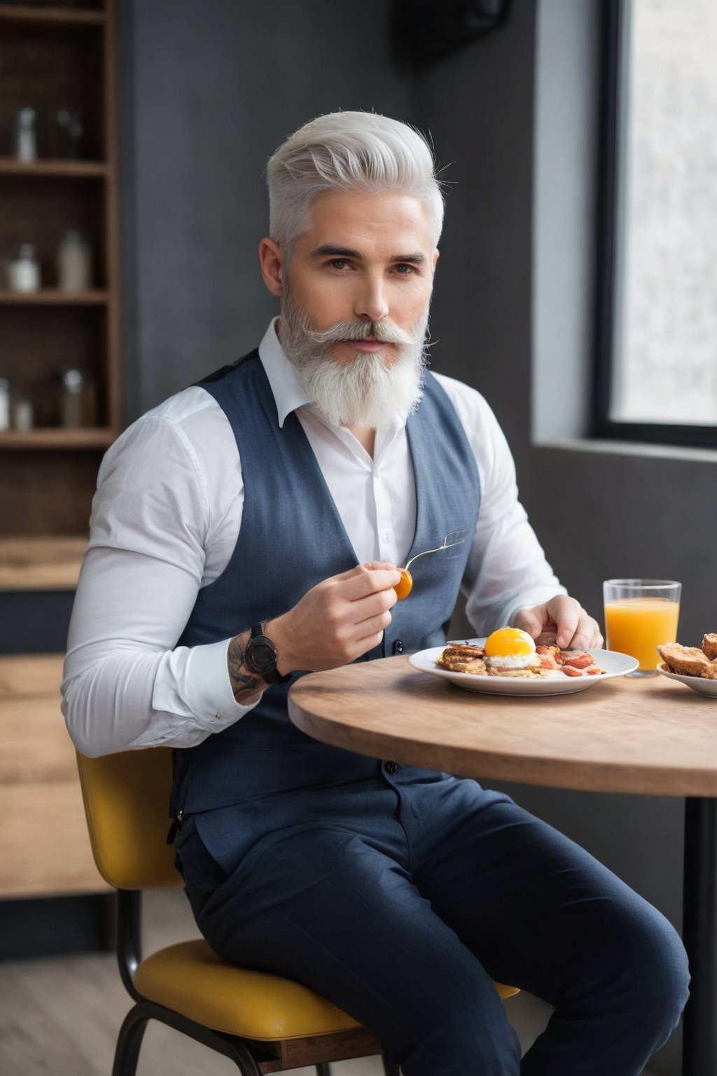 A person with a beard, white hair, man of style, wide shot, full body, like from perfect world, trending on pinterest, like a model, trending on cgtalk, handsome, tattoos, the character in different poses , white beard, he is about 25 years old, eating breakfast, sitting on table