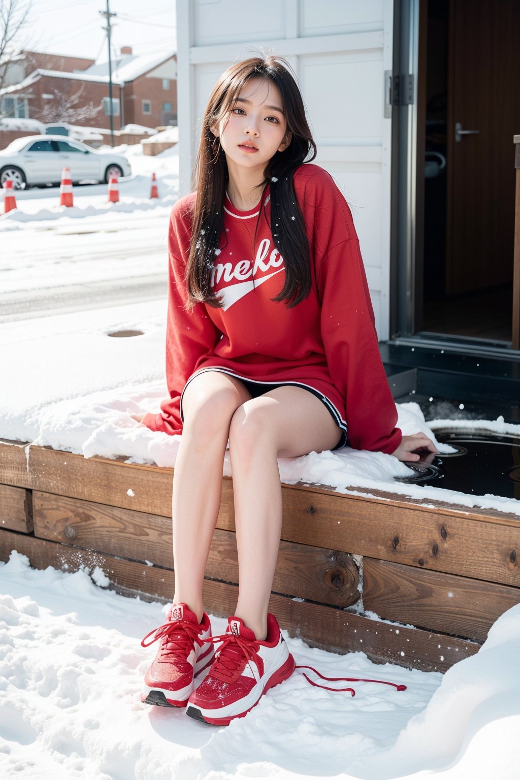 girl, high school girl, home, fine snow, hot spring heat presents contrast, everyone has a comfortable expression, (full body:1.5). The goal is to create a ((professional photograph)) that is both visually striking and technically superb.
 eating breakfast, sitting on table, red clothes