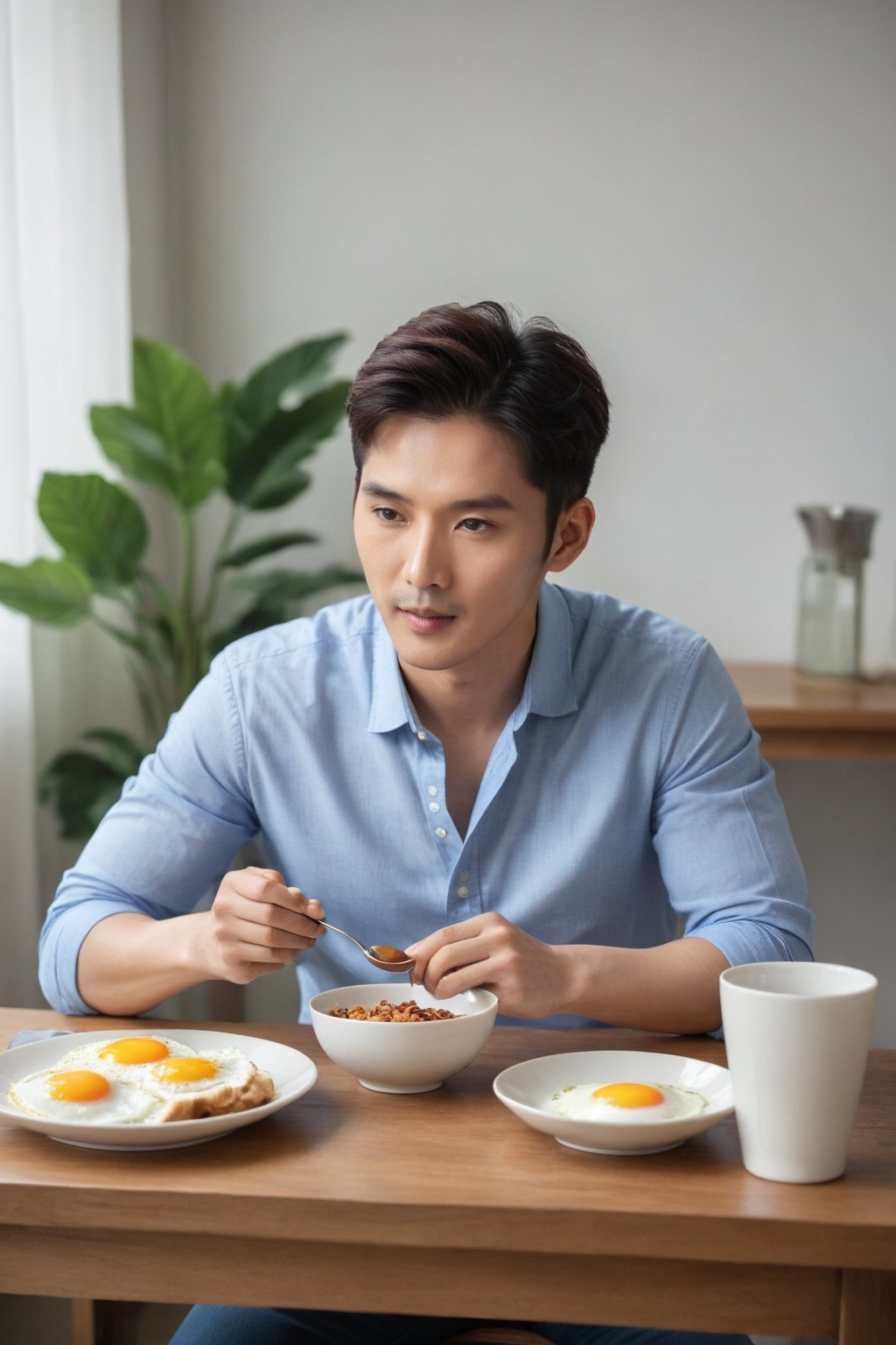 Realistic Photography, Handsome korean men , eating breakfast, sitting on table