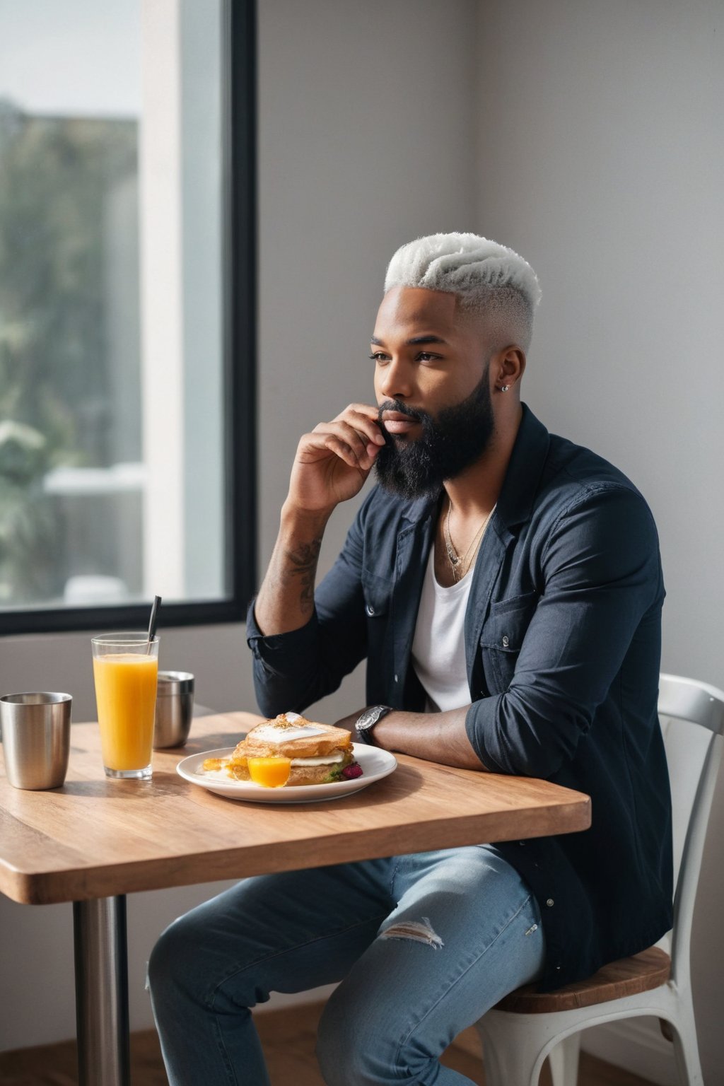 A black person with a beard, white hair, man of style, wide shot, full body, like from perfect world, trending on pinterest, like a model, trending on cgtalk, handsome, tattoos, the character in different poses , white beard, he is about 20 years old, eating breakfast, sitting on table