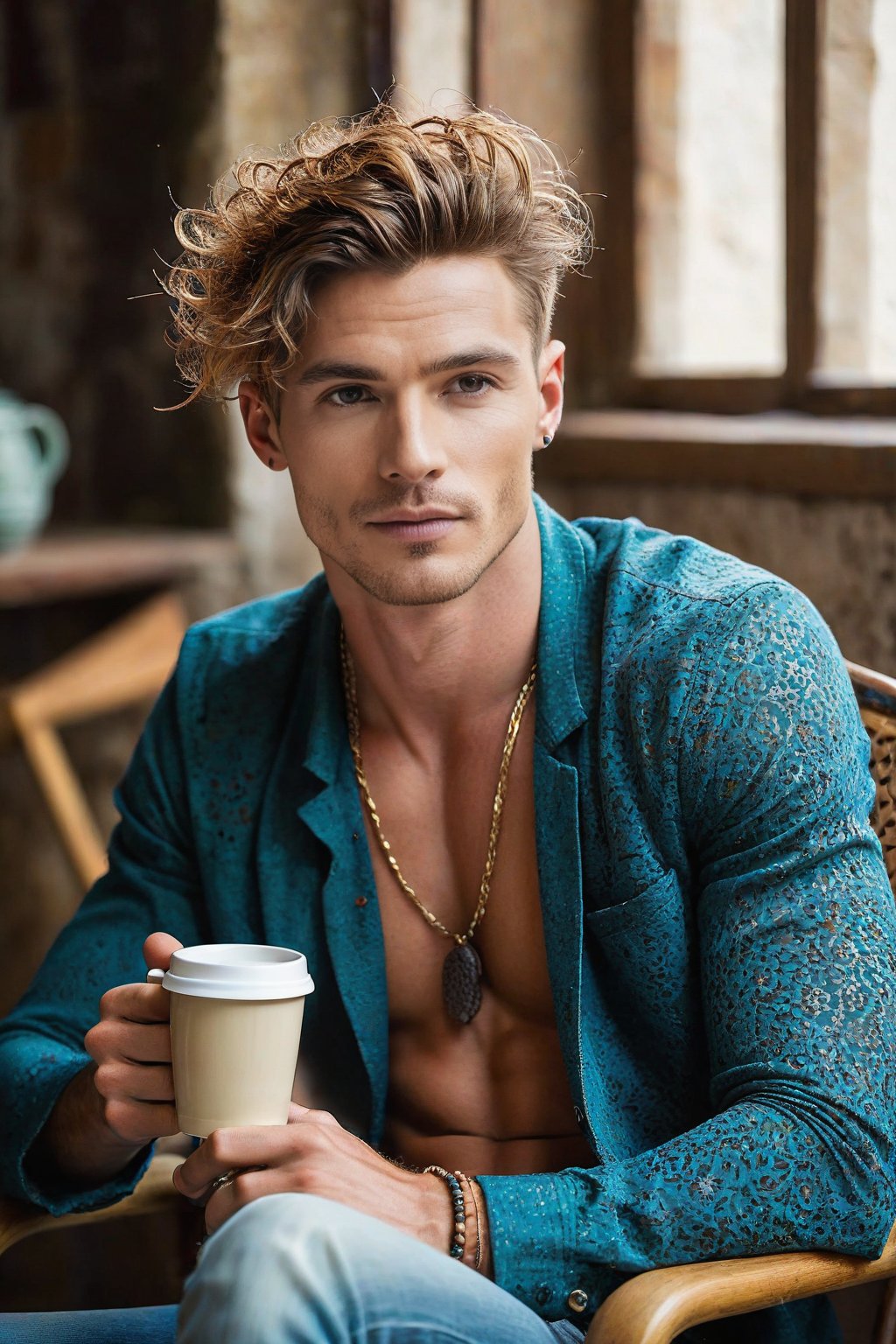 ((European male)), young, ((25 years old)), ((high school boy)), handsome, ((wave hair)), blue eyes, ((jawline)), ((freckle whole body)), ((showing upper body)), open upper chest, bohemian clothes style, bohemian jewelry, full body, sitting on chair drinking coffie, not looking towrods cemara