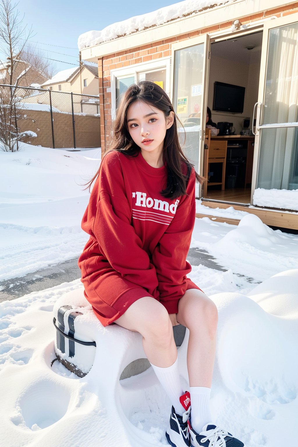 girl, high school girl, home, fine snow, hot spring heat presents contrast, everyone has a comfortable expression, (full body:1.5). The goal is to create a ((professional photograph)) that is both visually striking and technically superb.
 eating breakfast, sitting on table, red clothes