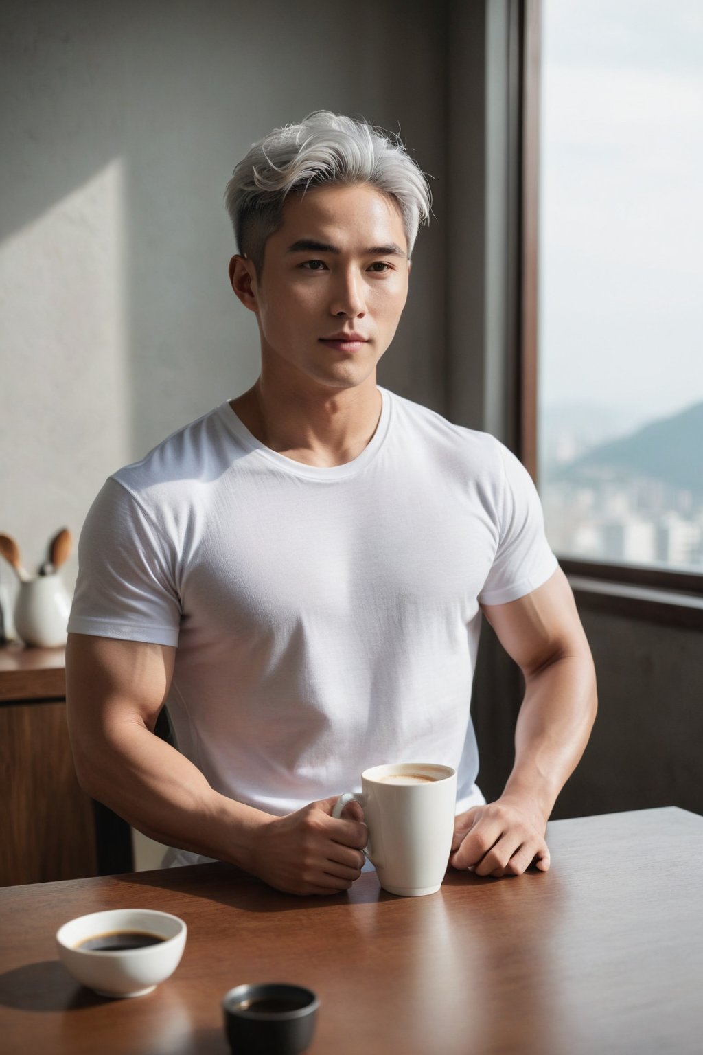 hyper-realistic photo, handsome fit muscles young korean man in homewear, photo on nikon Z7 on the hill, wave white hair, cozy bright room, film grain, f1. 8, home paradise,Extremely Realistic, in different poses, drinking coffie on table, beautifull t-shirt, manly face