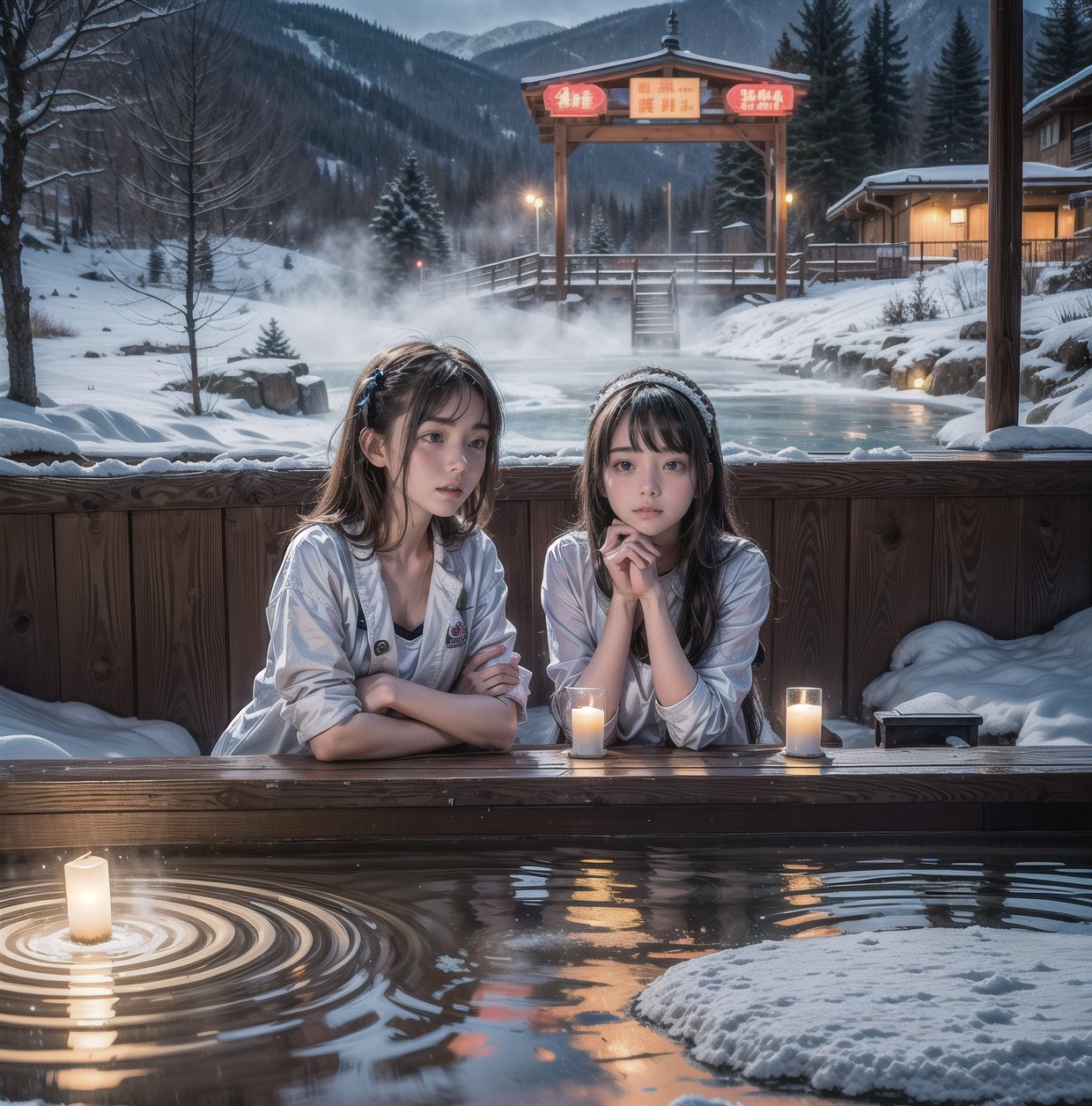 3 girl, high school girl, graduation trip, hot spring trip, hot spring inn, open-air hot spring, soaking in the open-air hot spring, fine snow, hot spring heat presents contrast, everyone has a comfortable expression