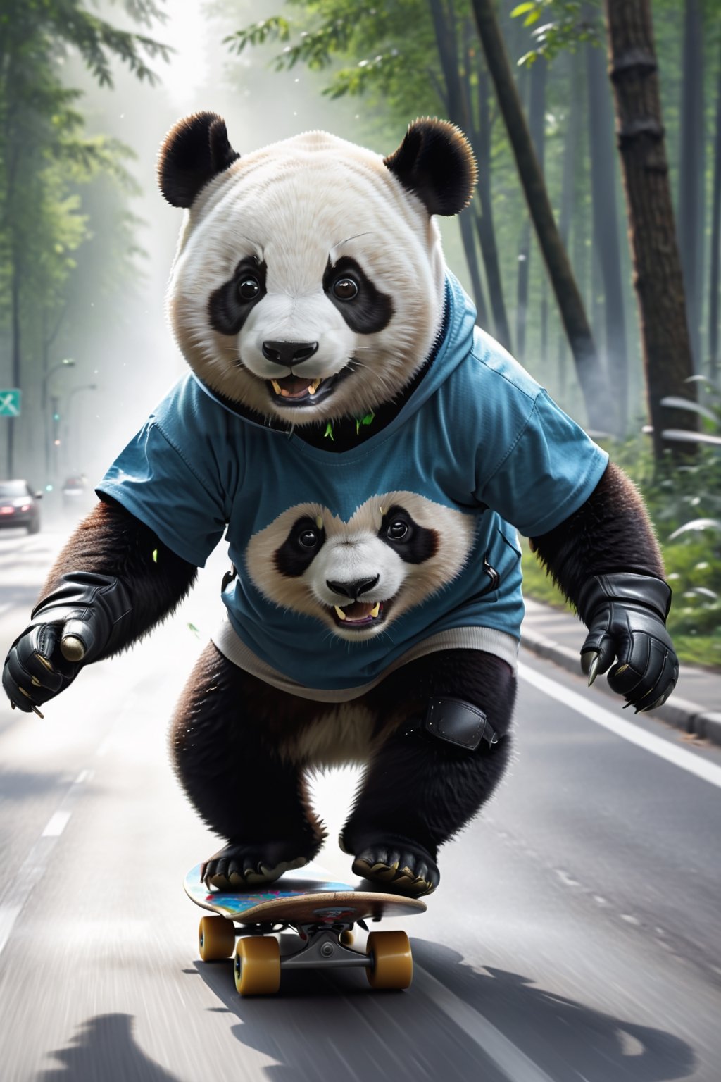 a panda wearing t-shirt and riding a skateboard down a forest road in a helmet and gloves on a city side,  hyper real, poster art, photorealism, motion lines, motion blur, film screencap, film grain, movie poster,  horrified,firefliesfireflies,1 girl,Extremely Realistic,more detail XL,moonster