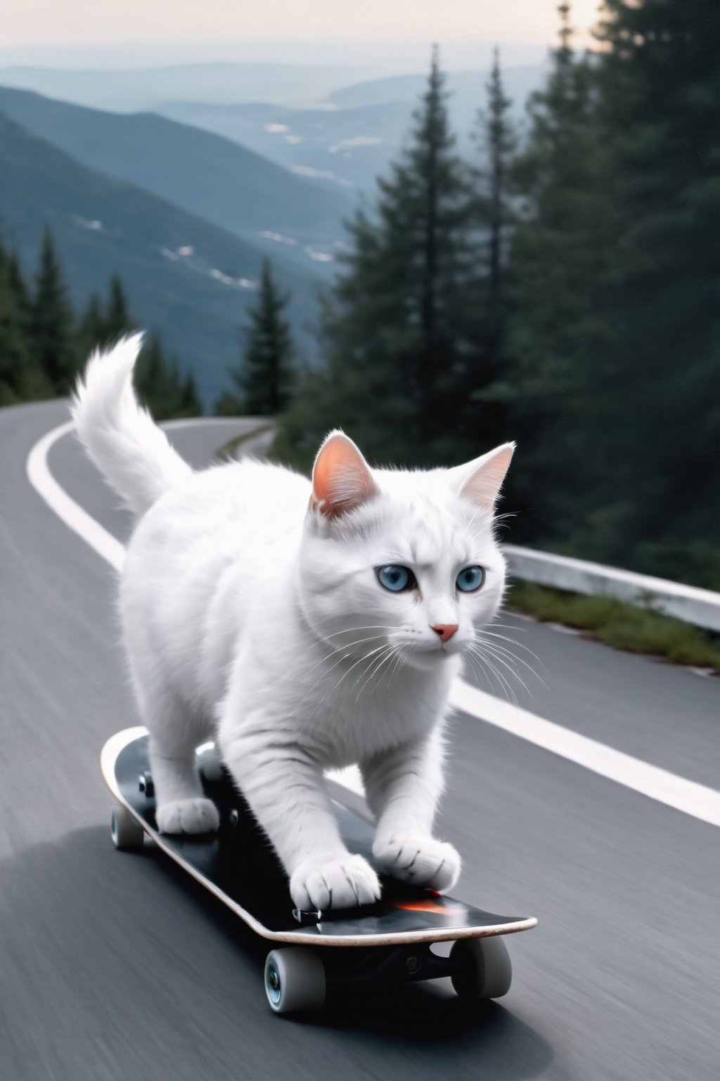 a white cat  riding a skateboard down a mountain side road in a helmet and gloves on a mountain side,  hyper real, poster art, photorealism, face close-up, motion lines, motion blur, film screencap, film grain, movie poster,  horrified,firefliesfireflies,1 girl