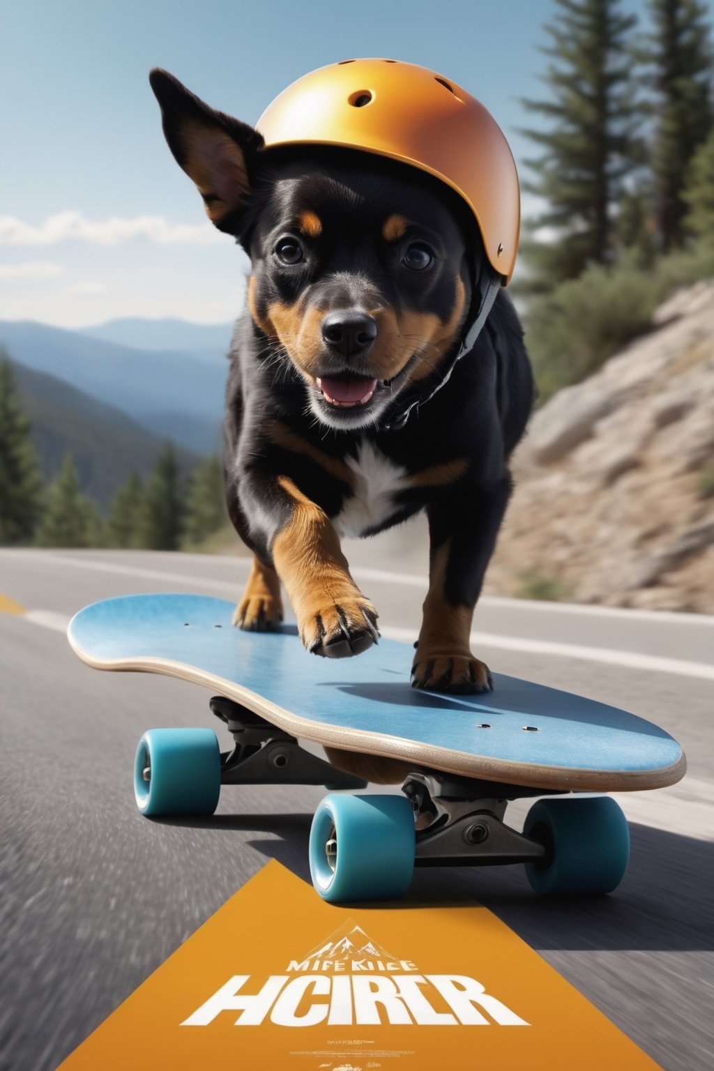 a dog  riding a skateboard down a city side road in a helmet and gloves on a mountain side,  hyper real, poster art, photorealism, motion lines, motion blur, film screencap, film grain, movie poster,  horrified,firefliesfireflies,1 girl