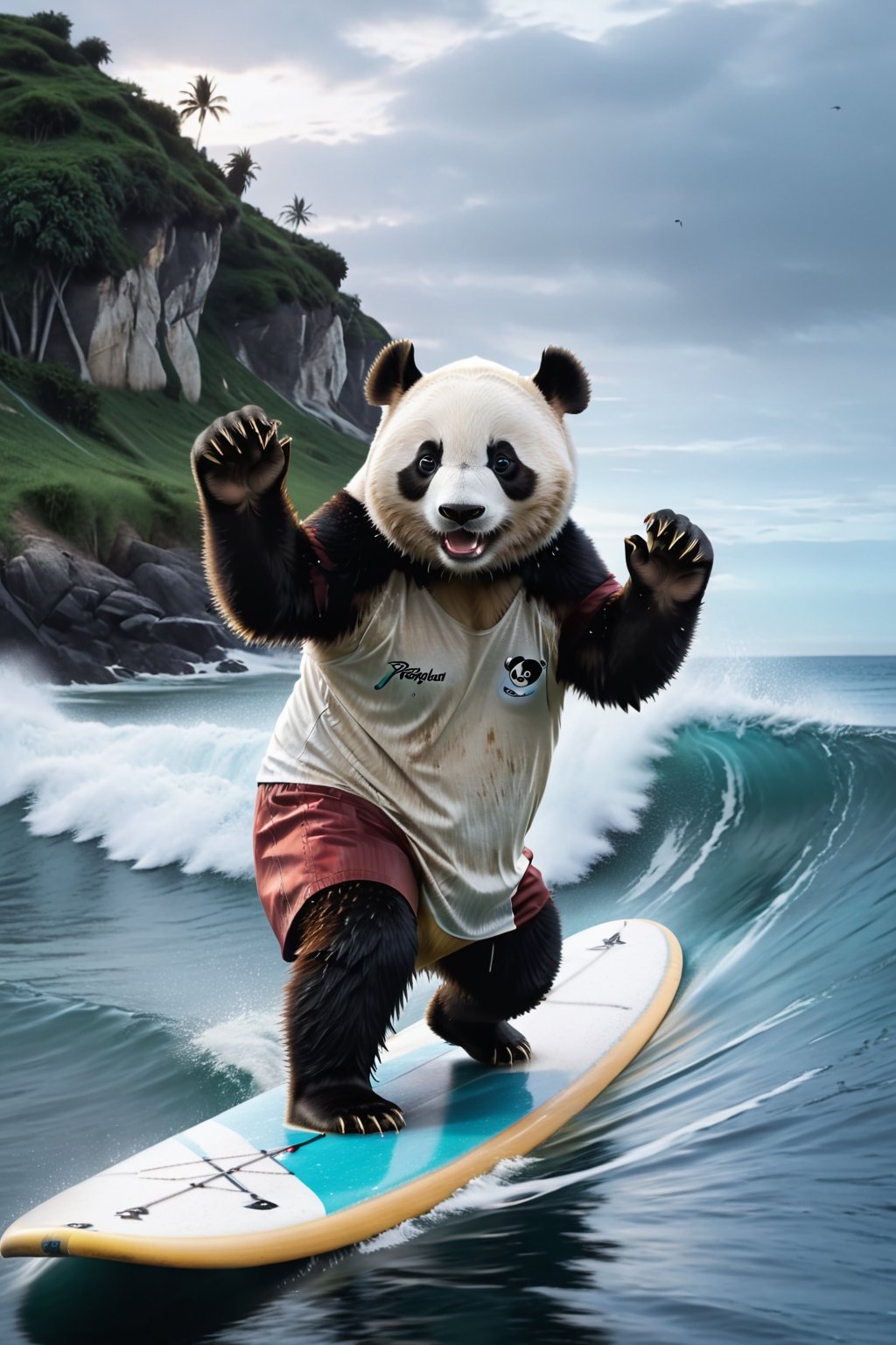 a panda wearing t-shirt and riding a surfboard down a sea waves in a gloves on a sea side,  hyper real, poster art, photorealism, motion lines, motion blur, film screencap, film grain, movie poster,  horrified,firefliesfireflies,1 girl,Extremely Realistic,more detail XL,moonster, shot from back, looking away from camera