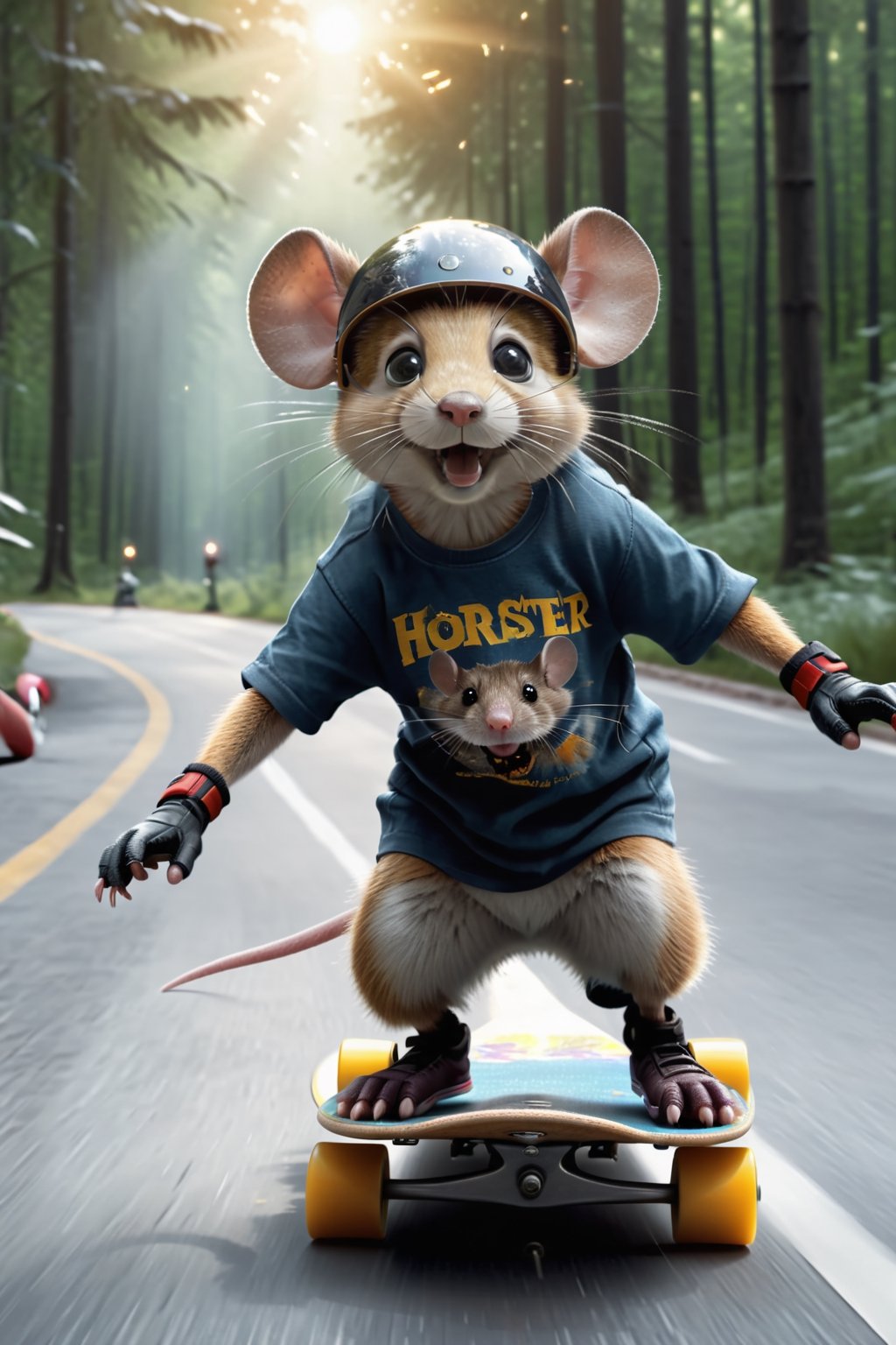 a mouse wearing t-shirt and riding a skateboard down a forest road in a helmet and gloves on a city side,  hyper real, poster art, photorealism, motion lines, motion blur, film screencap, film grain, movie poster,  horrified,firefliesfireflies,1 girl,Extremely Realistic,more detail XL,moonster