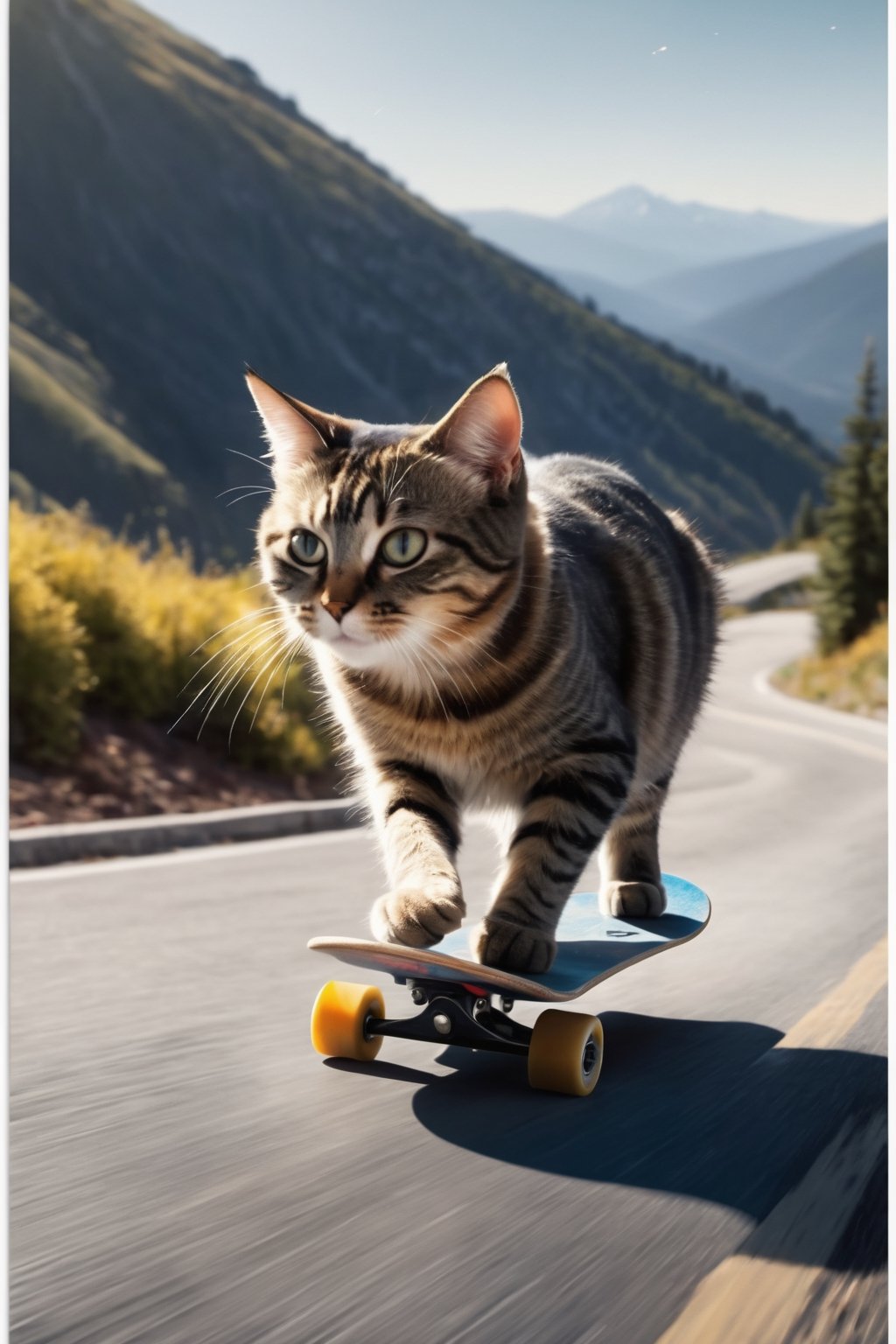 a cat  riding a skateboard down a mountain side road in a helmet and gloves on a mountain side,  hyper real, poster art, photorealism, motion lines, motion blur, film screencap, film grain, movie poster,  horrified,firefliesfireflies,1 girl
