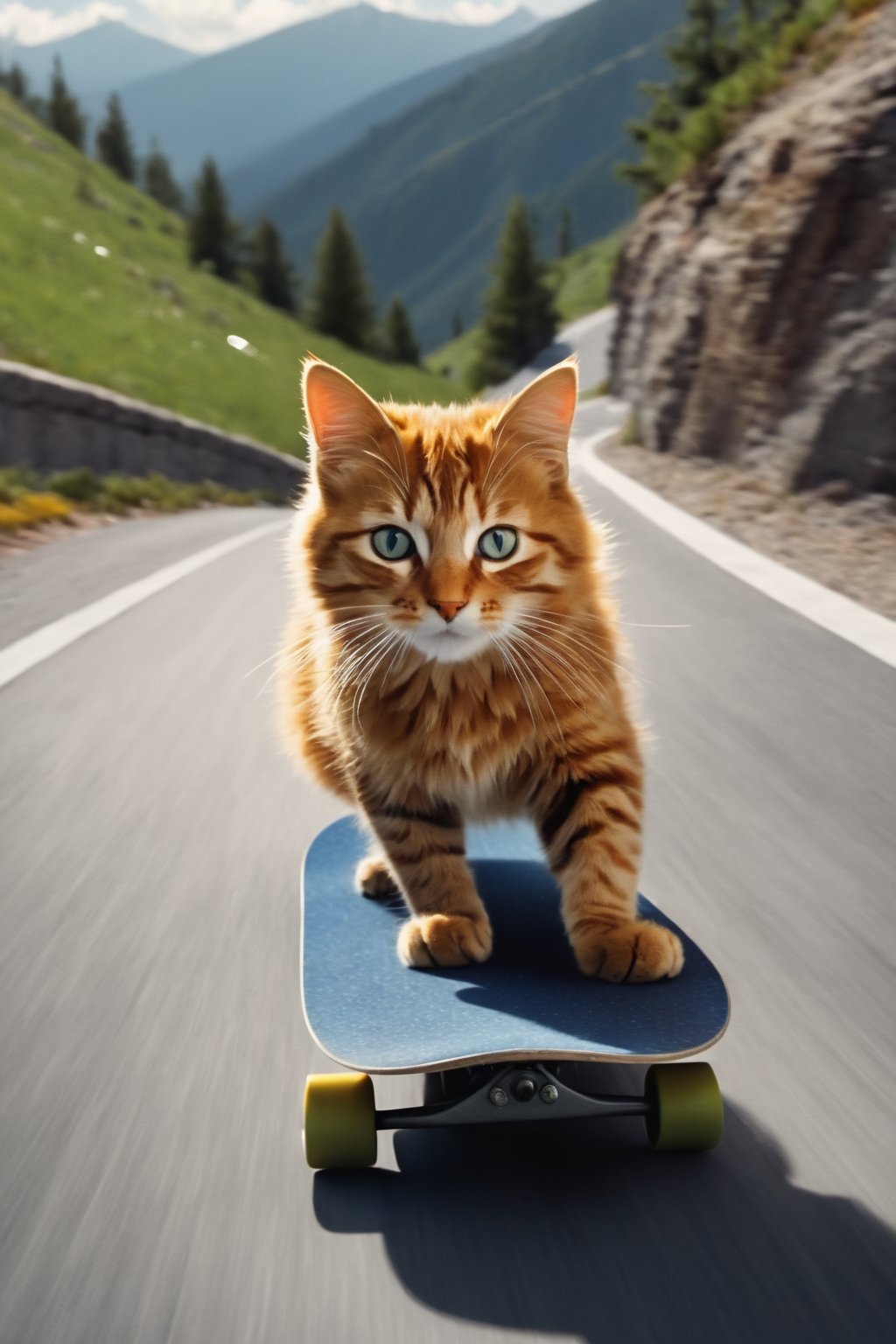 a cat  riding a skateboard down a mountain side road in a helmet and gloves on a mountain side,  hyper real, poster art, photorealism, motion lines, motion blur, film screencap, film grain, movie poster,  horrified,firefliesfireflies,1 girl