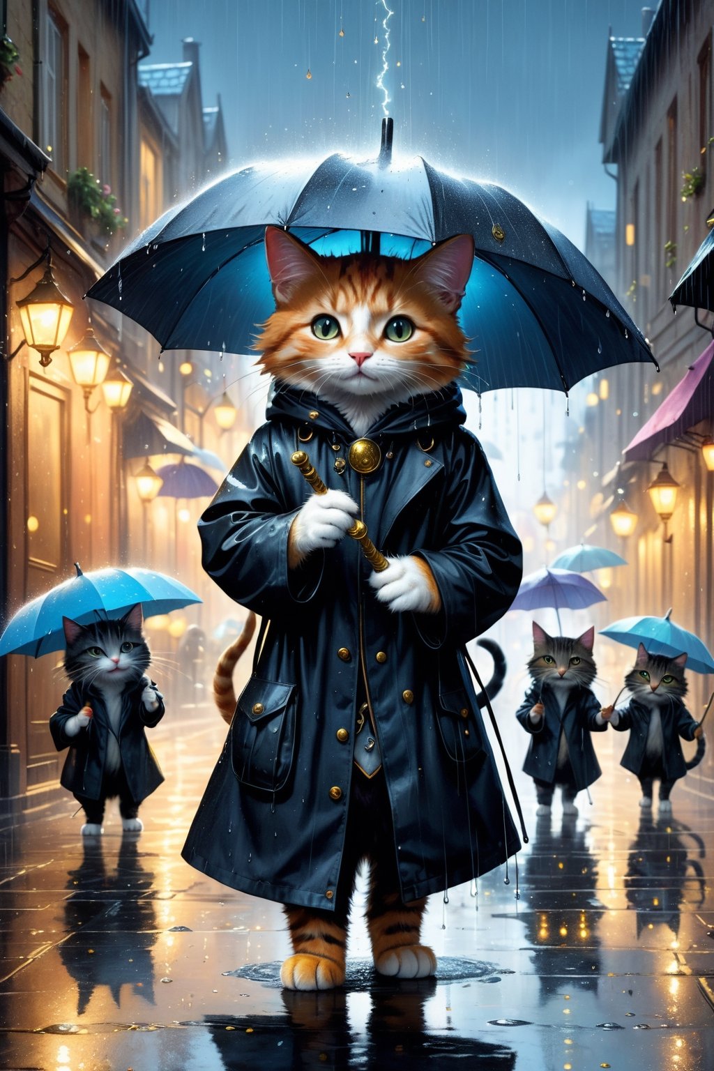 Hyper-detailed  painting, Jean-Baptiste Monge style, a gang of mascular cats gathered in the rain  under an single black long raincoat, splash, glittering, cute and adorable, filigree, lights, fluffy, magic, surreal, fantasy, digital art, ultra hd, hyper-realistic illustration, vivid colors,  UHD, cinematic perfect light,greg rutkowski, magic stick in hand, performing magic