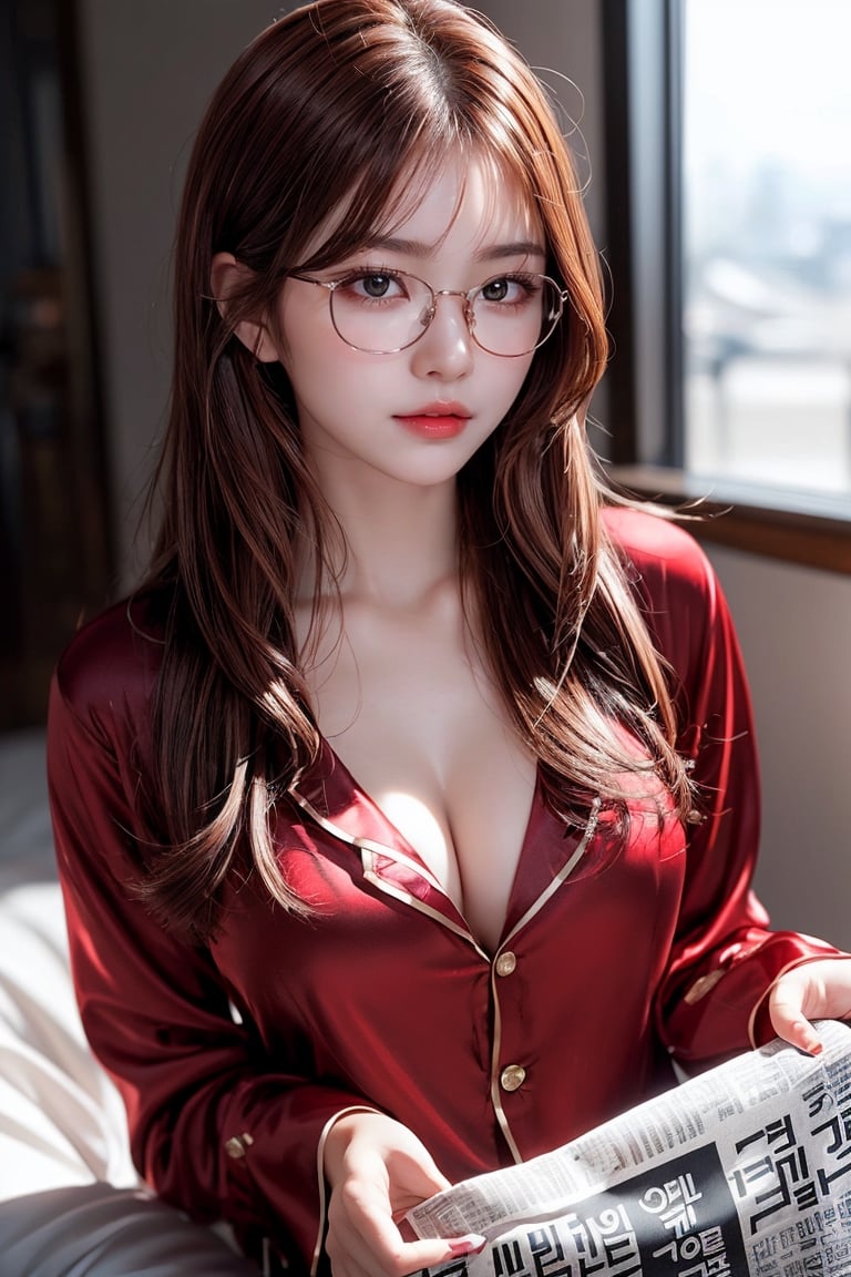 1 girl, very bright backlighting, solo, {beautiful and detailed eyes},large breasts, calm expression, natural and soft light,delicate facial features, Blunt bangs, beautiful Korean girl, eye smile,22yo, ((model pose)), Glamor body type,(half red and half brown hair,Disheveled hair:1.6), flim grain, realhands, masterpiece, Best Quality, photorealistic, ultra-detailed, finely detailed, high resolution,brown messy hair, perfect dynamic composition, beautiful detailed eyes,(Korean girl:1.4),((nervous and embarrassed)),sharp-focus, beautymix, FilmGirl,(wearing a silk pajamas:1.3),(sexy pose:1.4),facing reality,(The girl must be wearing glasses and reading a newspaper:1.4),basking in the morning sun ,cowboy shot