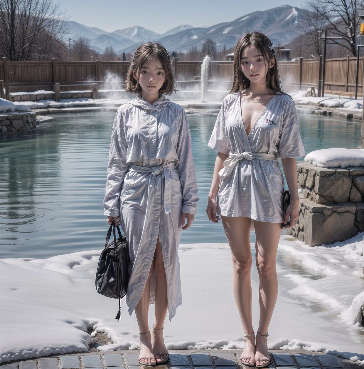 3 girl, high school girl, graduation trip, hot spring trip, hot spring inn, open-air hot spring, soaking in the open-air hot spring, fine snow, hot spring heat presents contrast, everyone has a comfortable expression, moaning face,(full body:1.5),PatiTonin