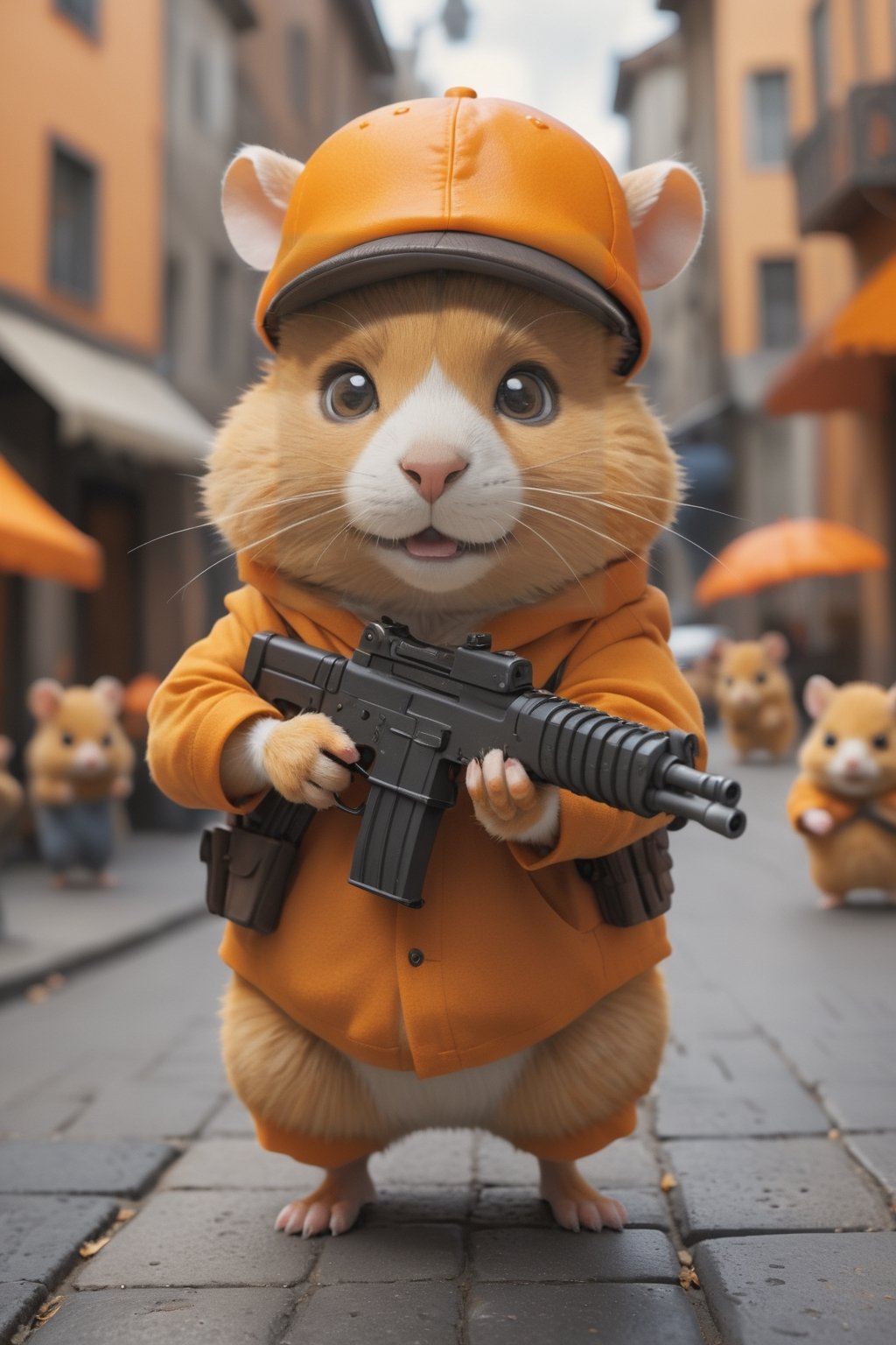 The hamster made of orange body parts has a sinister face, wears a hat, and holds a machine gun, aiming at the fleeing passers-by. The background is a bustling modern street
