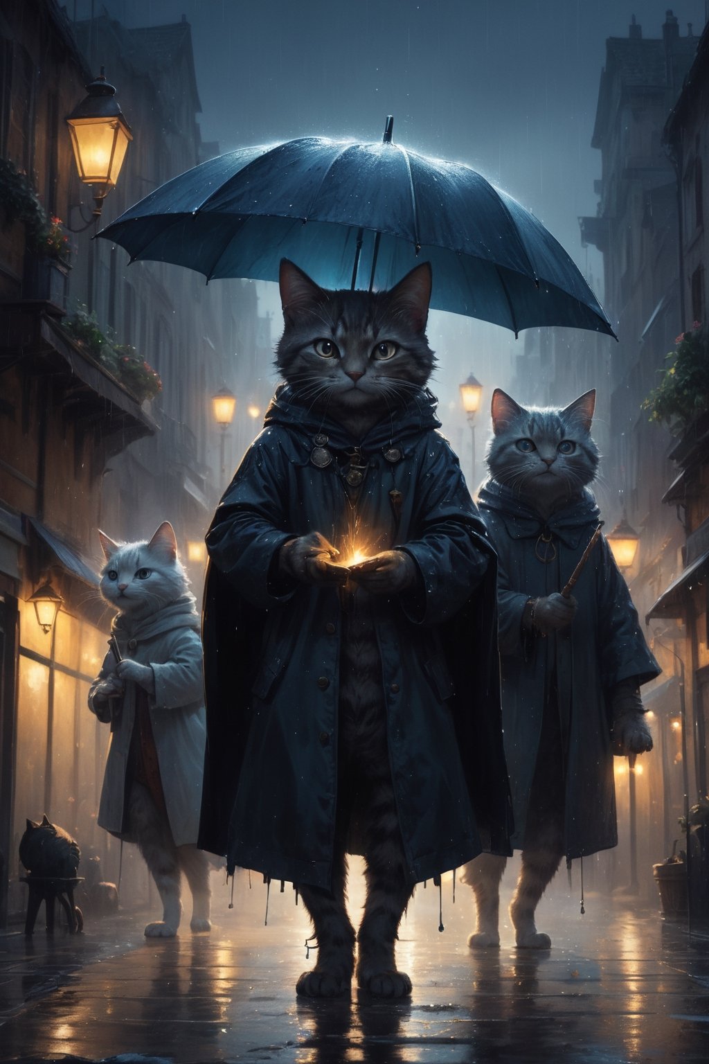 Hyper-detailed  painting, Jean-Baptiste Monge style, a gang of mascular cats gathered in the rain  under an single black long raincoat, splash, glittering, cute and adorable, filigree, lights, fluffy, magic, surreal, fantasy, digital art, ultra hd, hyper-realistic illustration, vivid colors,  UHD, cinematic perfect light,greg rutkowski, magic stick in hand, performing magic