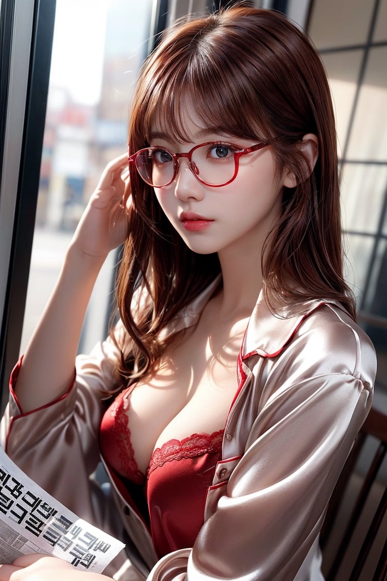 1 girl, very bright backlighting, solo, {beautiful and detailed eyes},large breasts, calm expression, natural and soft light,delicate facial features, Blunt bangs, beautiful Korean girl, eye smile,22yo, ((model pose)), Glamor body type,(half red and half brown hair,Disheveled hair:1.6), flim grain, realhands, masterpiece, Best Quality, photorealistic, ultra-detailed, finely detailed, high resolution,brown messy hair, perfect dynamic composition, beautiful detailed eyes,(Korean girl:1.4),((nervous and embarrassed)),sharp-focus, beautymix, FilmGirl,(wearing a silk pajamas:1.3),(sexy pose:1.4),facing reality,(The girl must be wearing glasses and reading a newspaper:1.4),basking in the morning sun ,cowboy shot