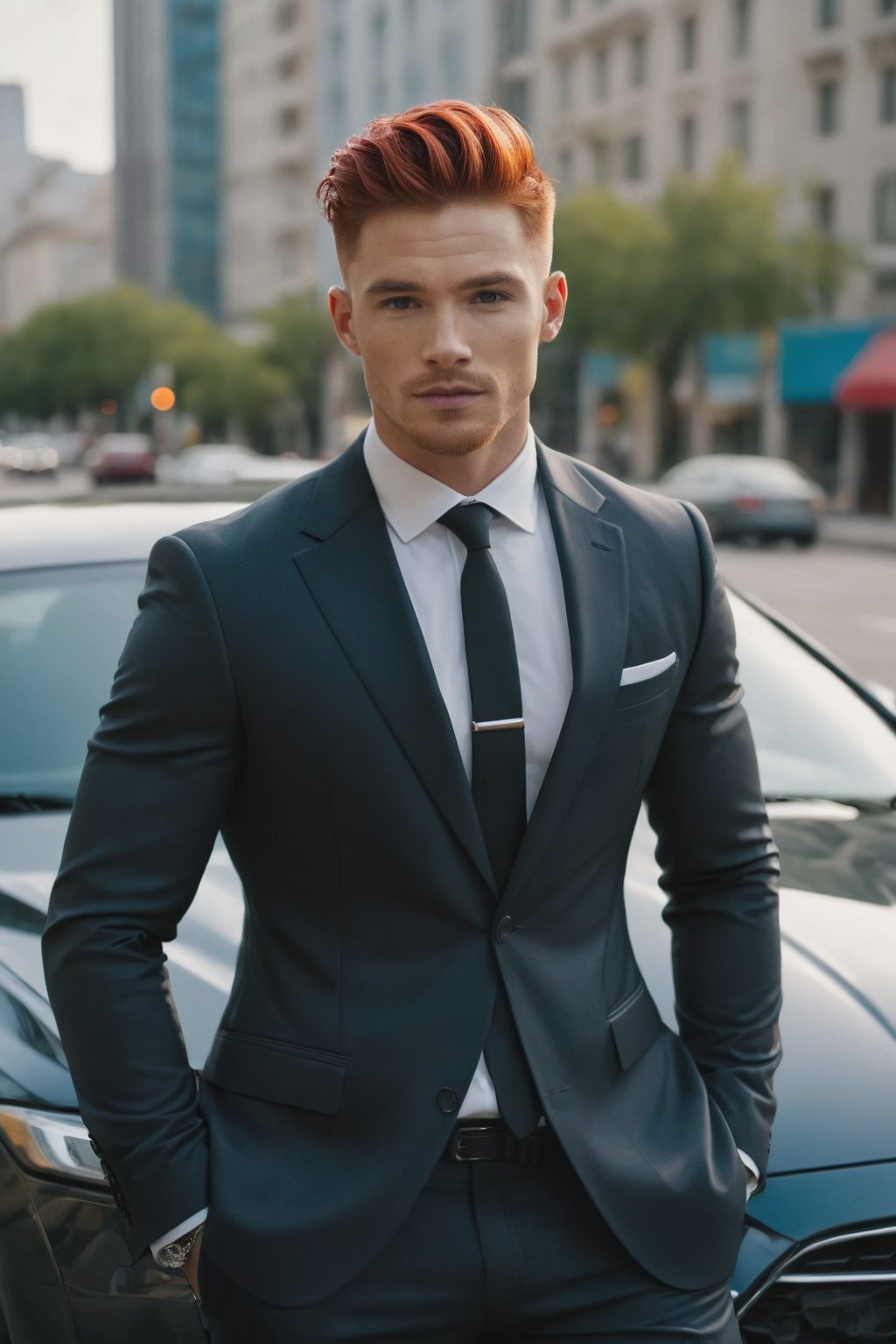 hyper-realistic photo, handsome fit muscles young man in suit wear, photo on nikon Z7 on the car, wave red hair, cozy bright car, film grain, f1. 8, city paradise,Extremely Realistic, in different poses, on the road to office