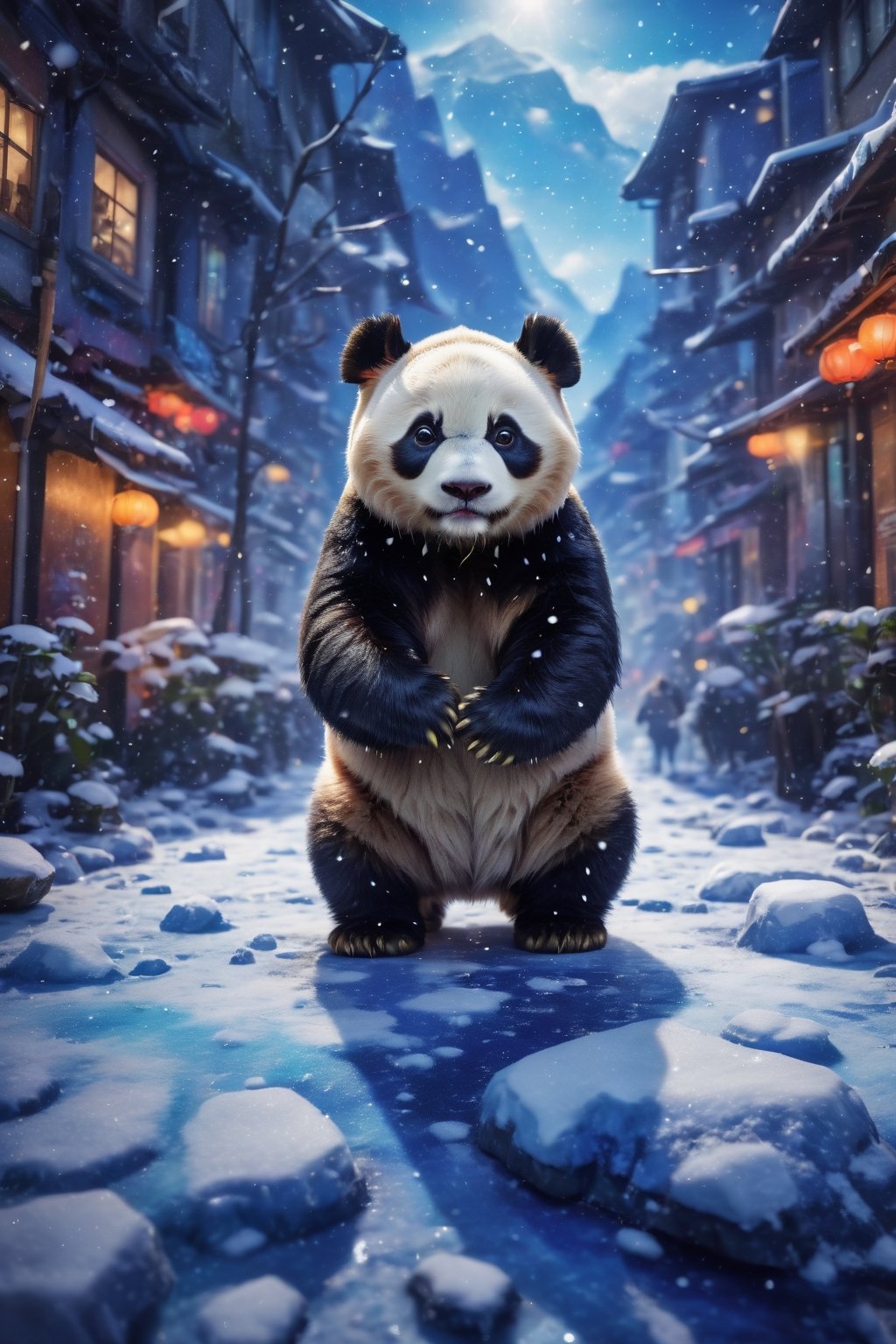 (best quality,8K,highres,masterpiece), ultra-detailed, a panda on the blue snow street,more detail XL