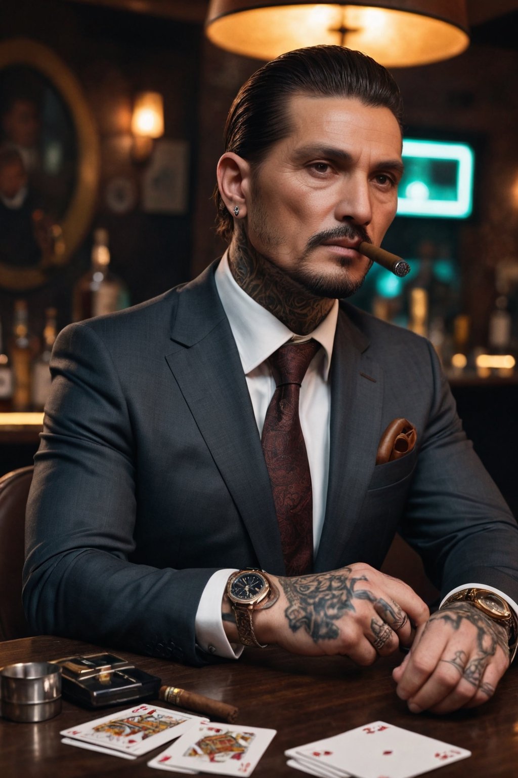  A man with a dangerous atmosphere, an Italian mafia member, tattoos on his face, an intimidating and strong look, a business suit, an expensive watch, a bar background, a table with cards and car keys, an ashtray and a cigar,Perfect Hands
