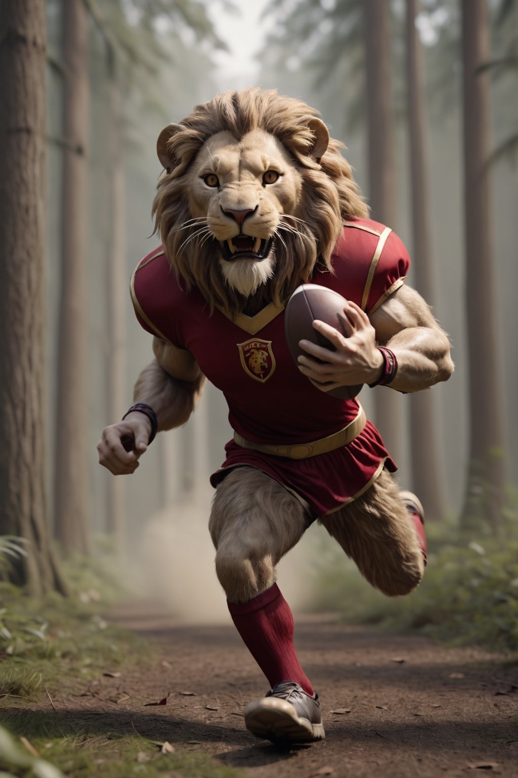 fury lion lord insanely running after stealing the football from a daddy mouse in the forest, cinematic