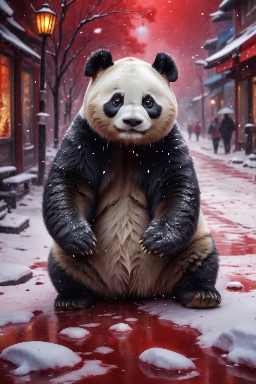 (best quality,8K,highres,masterpiece), ultra-detailed, a panda on the red snow street,more detail XL