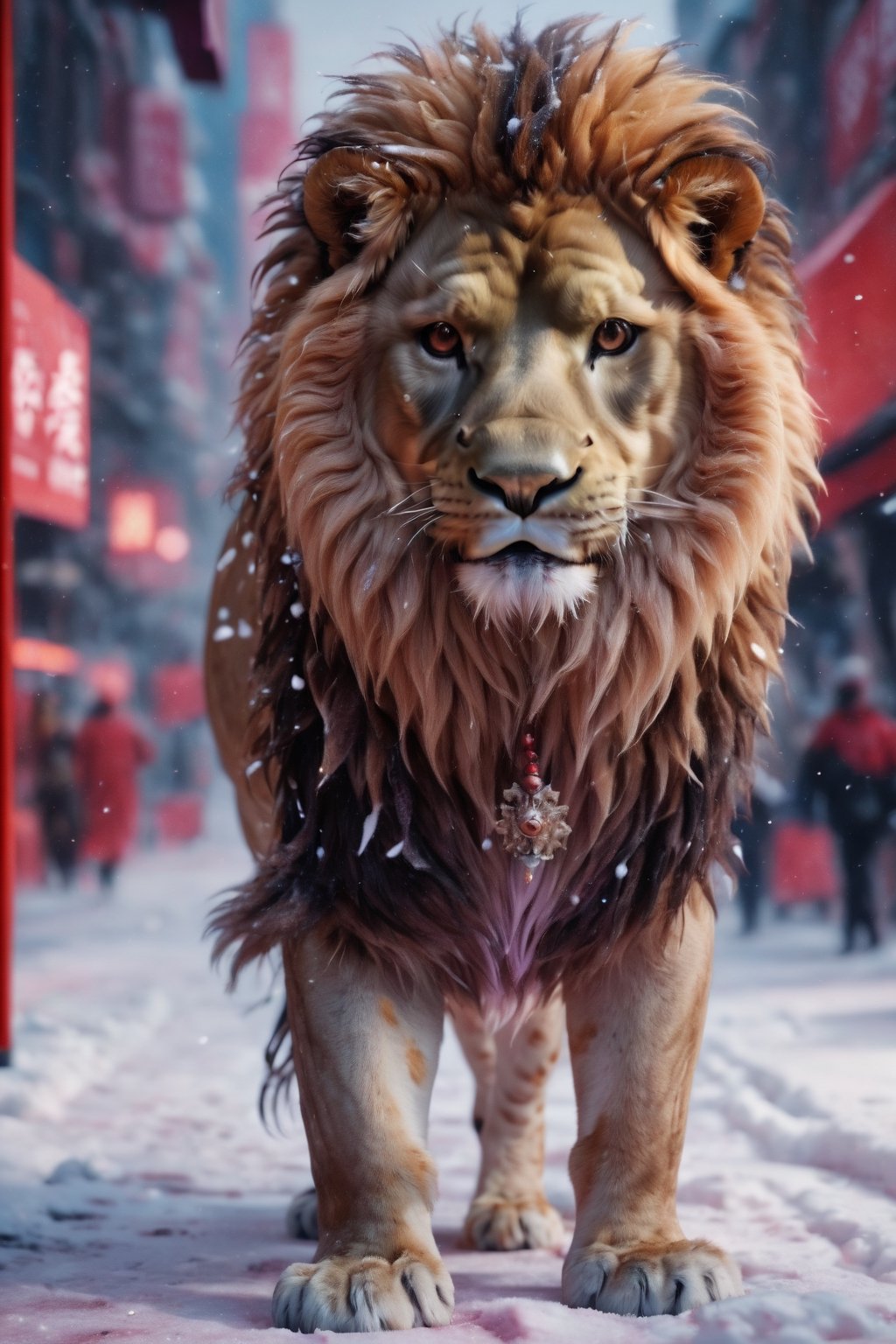 (best quality,8K,highres,masterpiece), ultra-detailed, a  lion on the red snow street