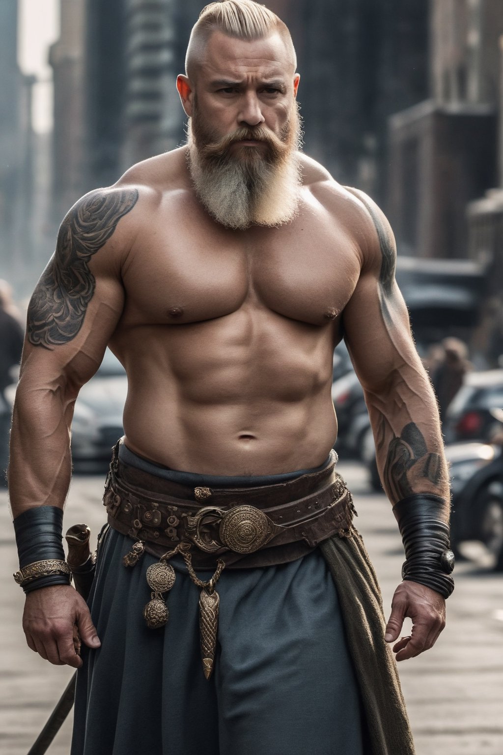 a close-up of a person with a beard, man of war, wide shot, full body, large and structured city valhalla, trending on pinterest, an angry muscular army general, trending on cgtalk, bestial, tattoos, the character is standing , blonde beard, he is about 60 years old, discord moderator, monk, braavos, strongly downvoted, surrender