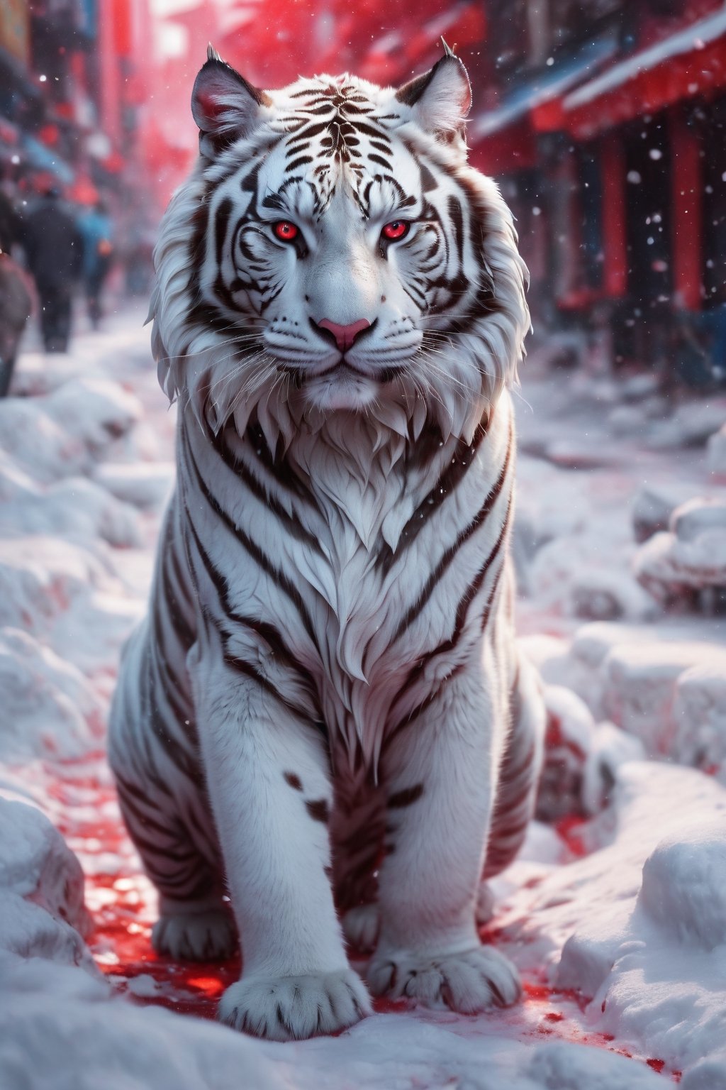 (best quality,8K,highres,masterpiece), ultra-detailed, a white tiger on the red snow street