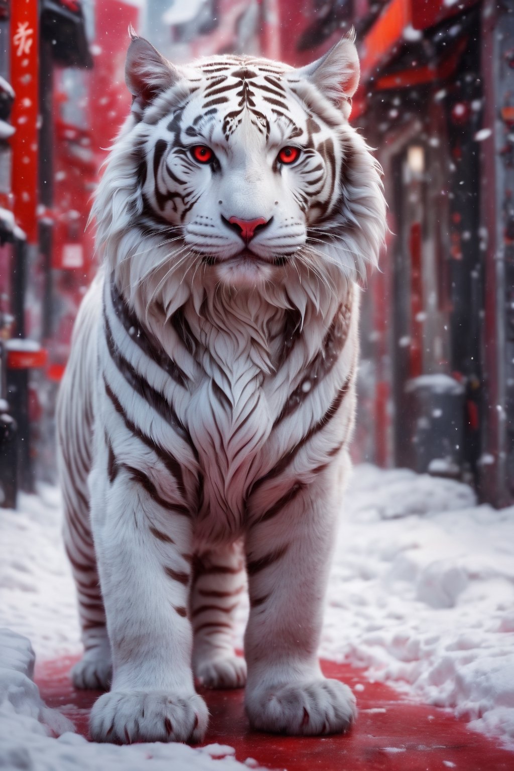 (best quality,8K,highres,masterpiece), ultra-detailed, a white tiger on the red snow street