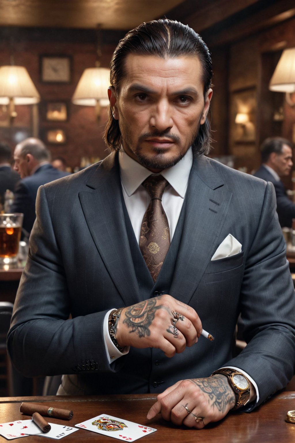  A man with a dangerous atmosphere, an Italian mafia member, tattoos on his face, an intimidating and strong look, a business suit, an expensive watch, a bar background, a table with cards and car keys, an ashtray and a cigar,Perfect Hands,Extremely Realistic,more detail XL