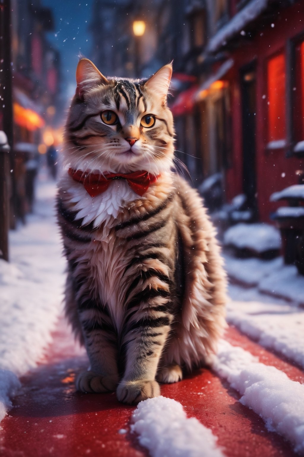 (best quality,8K,highres,masterpiece), ultra-detailed, a cat on the red snow street