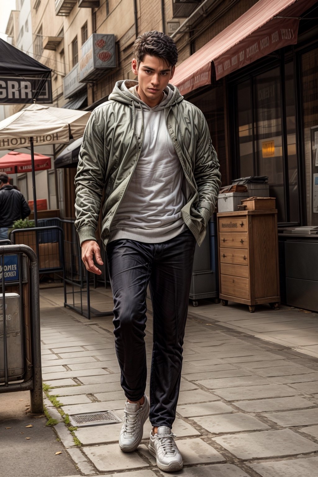 solo, short hair, black hair, 1boy, standing, jacket, full body, male focus, outdoors, shoes, day, pants, hood, hoodie, black pants, white footwear, hood down, building, sneakers, hands in pockets, white hoodie