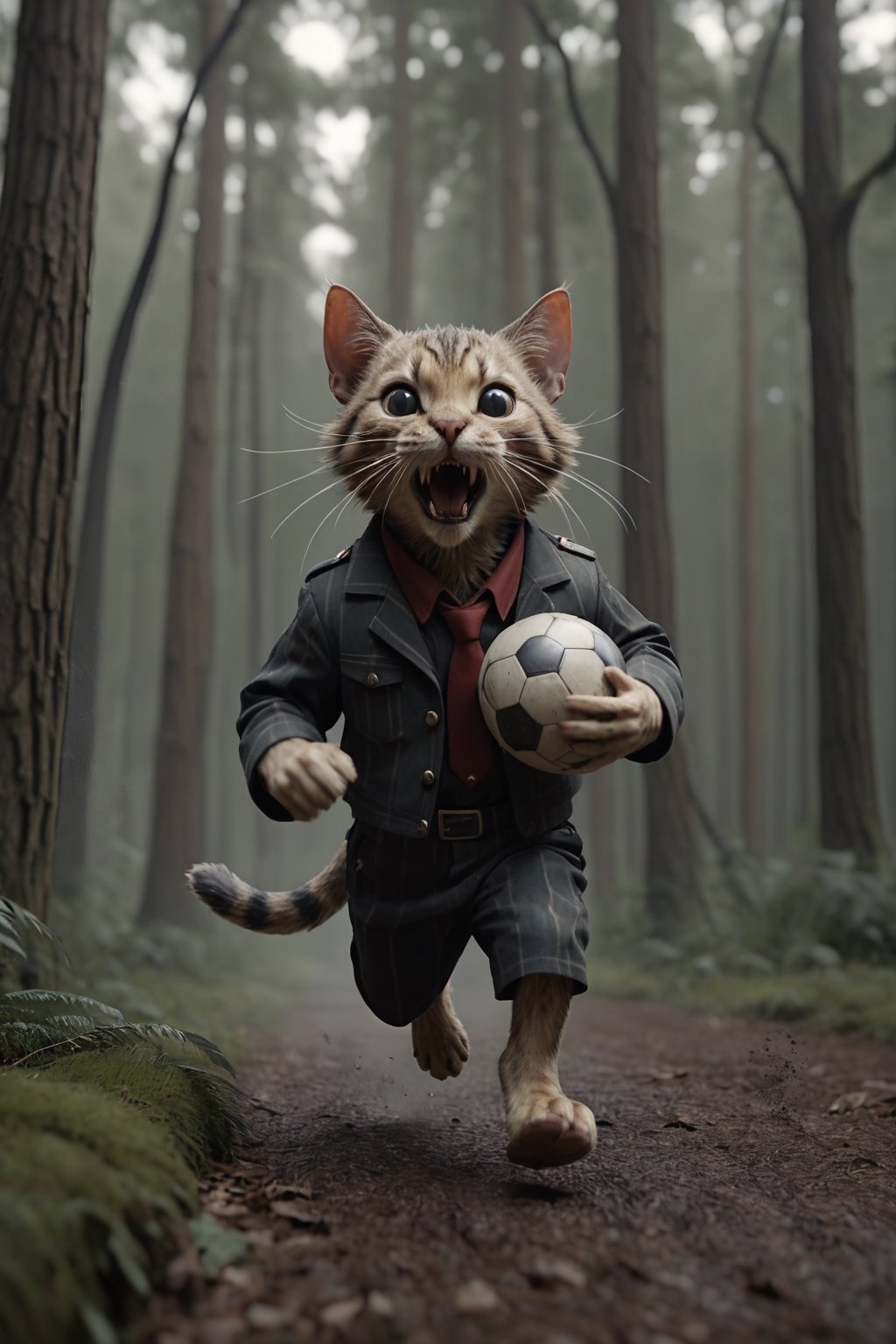 fury cat lord insanely running after stealing the football from a daddy mouse in the forest, cinematic