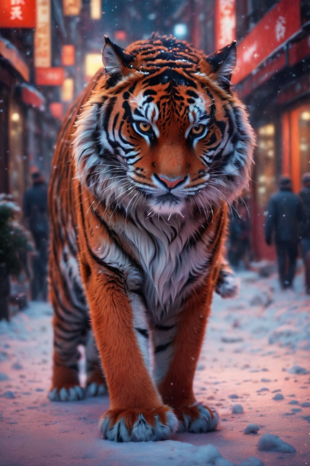 (best quality,8K,highres,masterpiece), ultra-detailed, a tiger on the red snow street