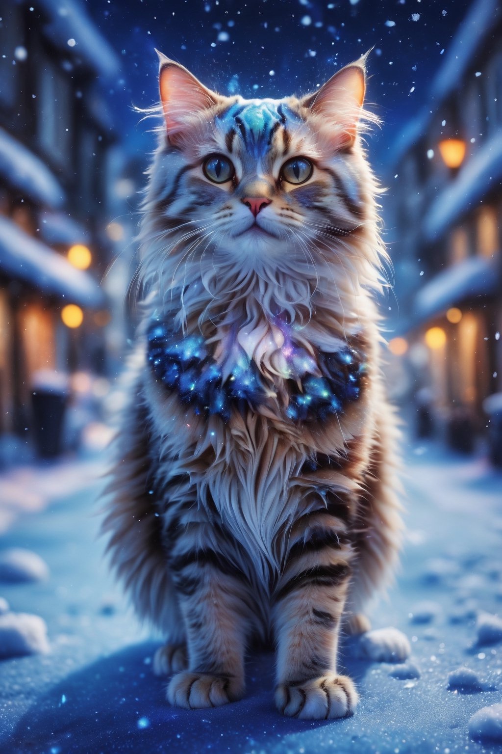 (best quality,8K,highres,masterpiece), ultra-detailed, a cat on the blue snow street
