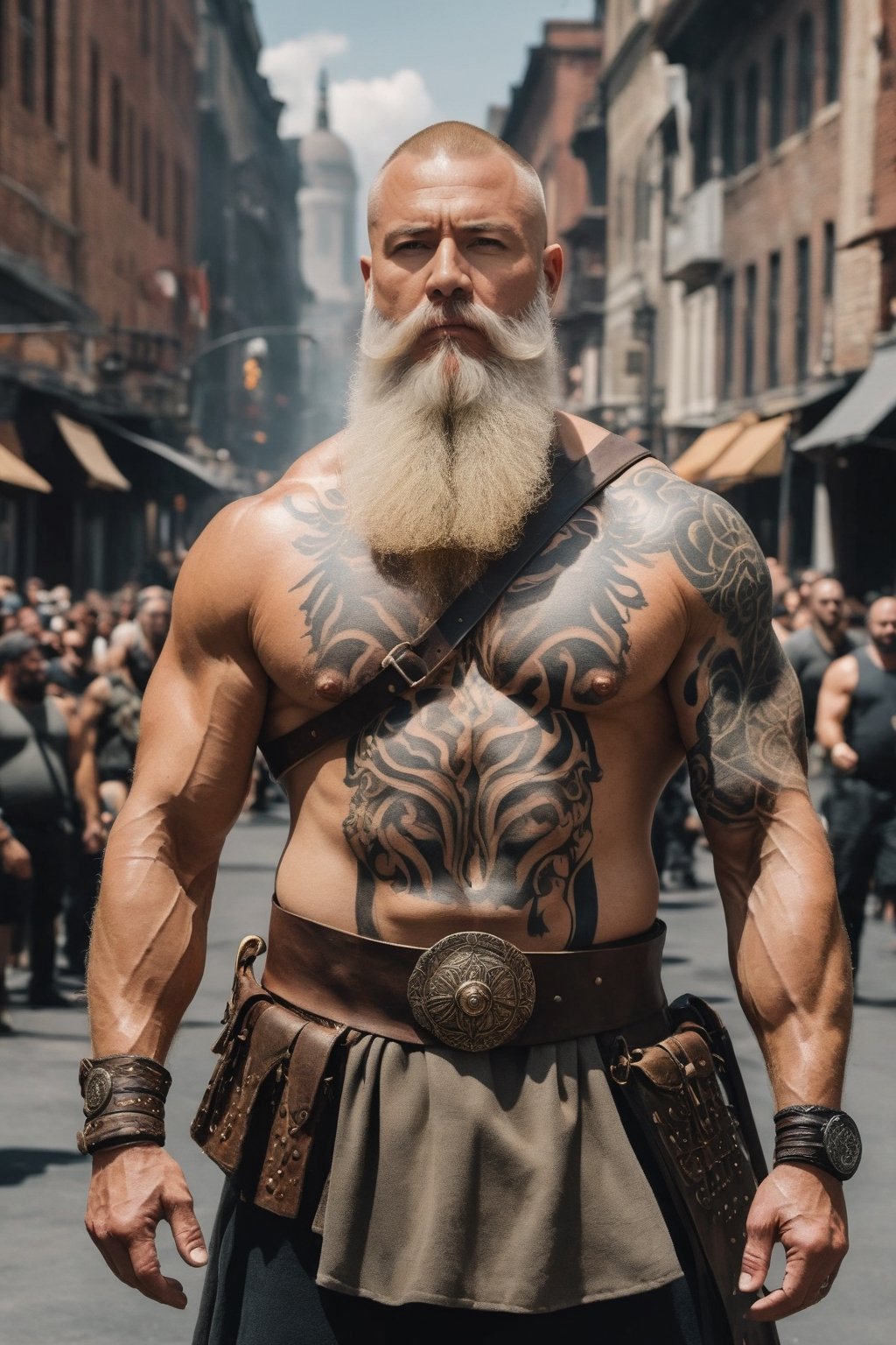 a close-up of a person with a beard, man of war, wide shot, full body, large and structured city valhalla, trending on pinterest, an angry muscular army general, trending on cgtalk, bestial, tattoos, the character is standing , blonde beard, he is about 60 years old, discord moderator, monk, braavos, strongly downvoted, surrender