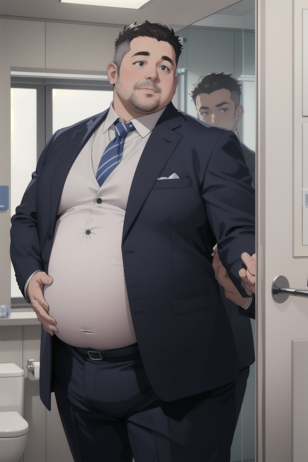 A middle aged potbellied man wearing a blue business suit looking at himself in the mirror while rubbing his big belly, three piece suit, round belly, plump belly, big fat belly, chubby belly, weight gain, hands grabbing belly, mirror, 3/4_view, reflection, bathroom, modern office environment, anime_screencap