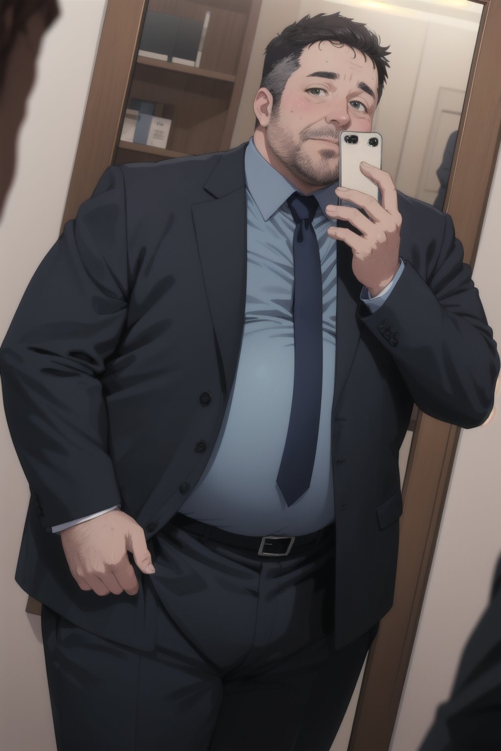 A middle aged potbellied man looking at himself in the mirror, black business suit, three piece suit, blue shirt, round belly, plump belly, big fat belly, chubby belly, weight gain, hand on belly, sweat, dutch_angle , rubbing belly, anime_screencap