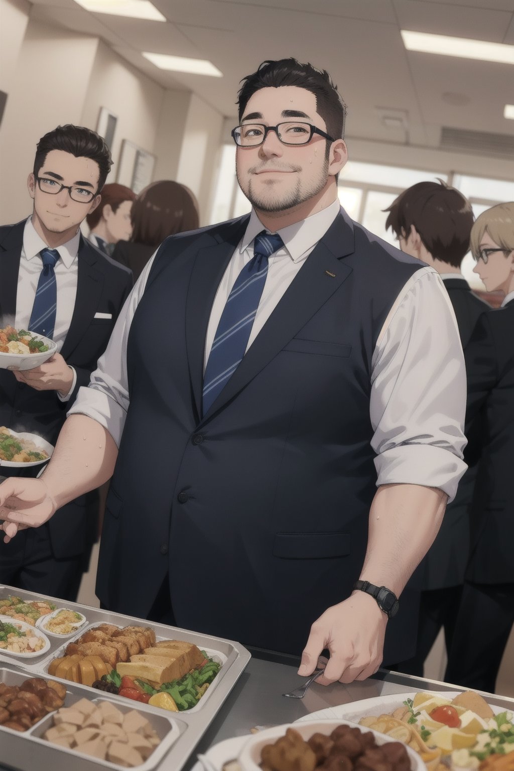 A middle aged potbellied man wearing a blue business suit walking through the lunch hall while rubbing his big belly, three piece suit, round belly, plump belly, big fat belly, chubby belly, chubby face, chubby cheeks, light beard, glasses, weight gain, hand on belly, sweat, dutch_angle , smirk, food, feast, buffet, cafeteria, mess hall, multiple people, crowd of people, party, modern office environment, anime_screencap