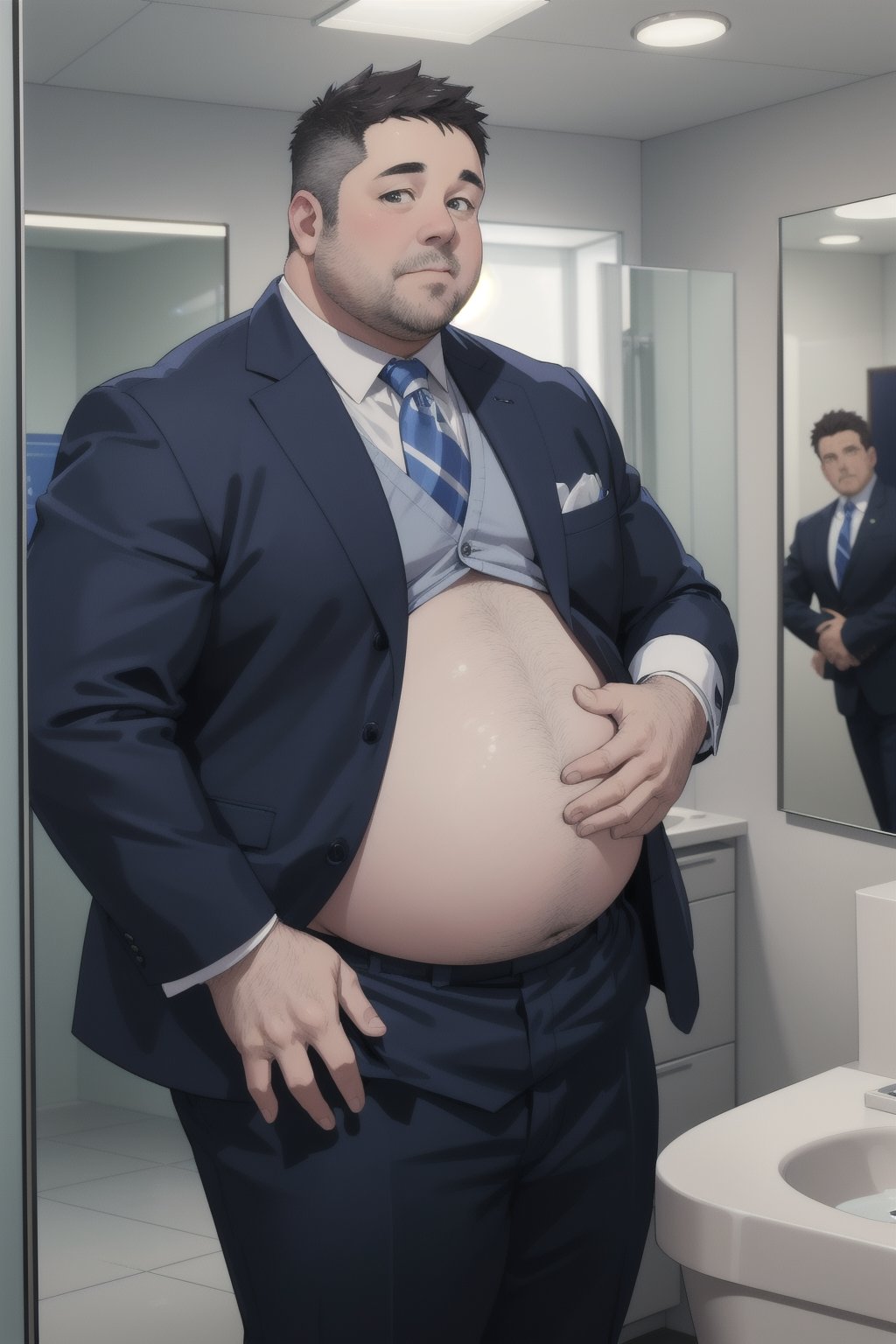 A middle aged potbellied man wearing a blue business suit looking at himself in the mirror while rubbing his big belly, three piece suit, round belly, plump belly, big fat belly, chubby belly, weight gain, hands grabbing belly, mirror, 3/4_view, reflection, bathroom, modern office environment, anime_screencap